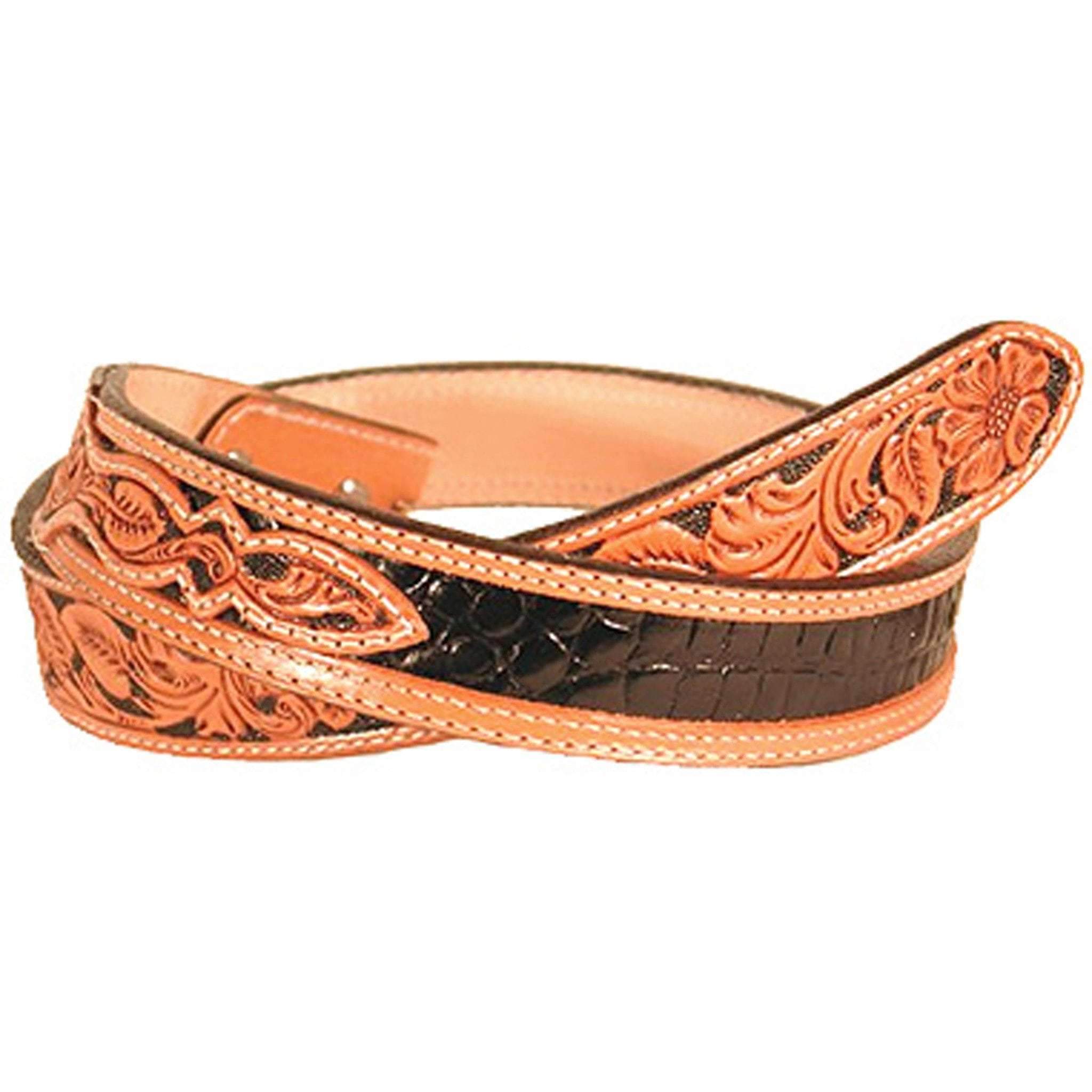 B446 - Black Gator Print And Floral Tooled Belt Belt