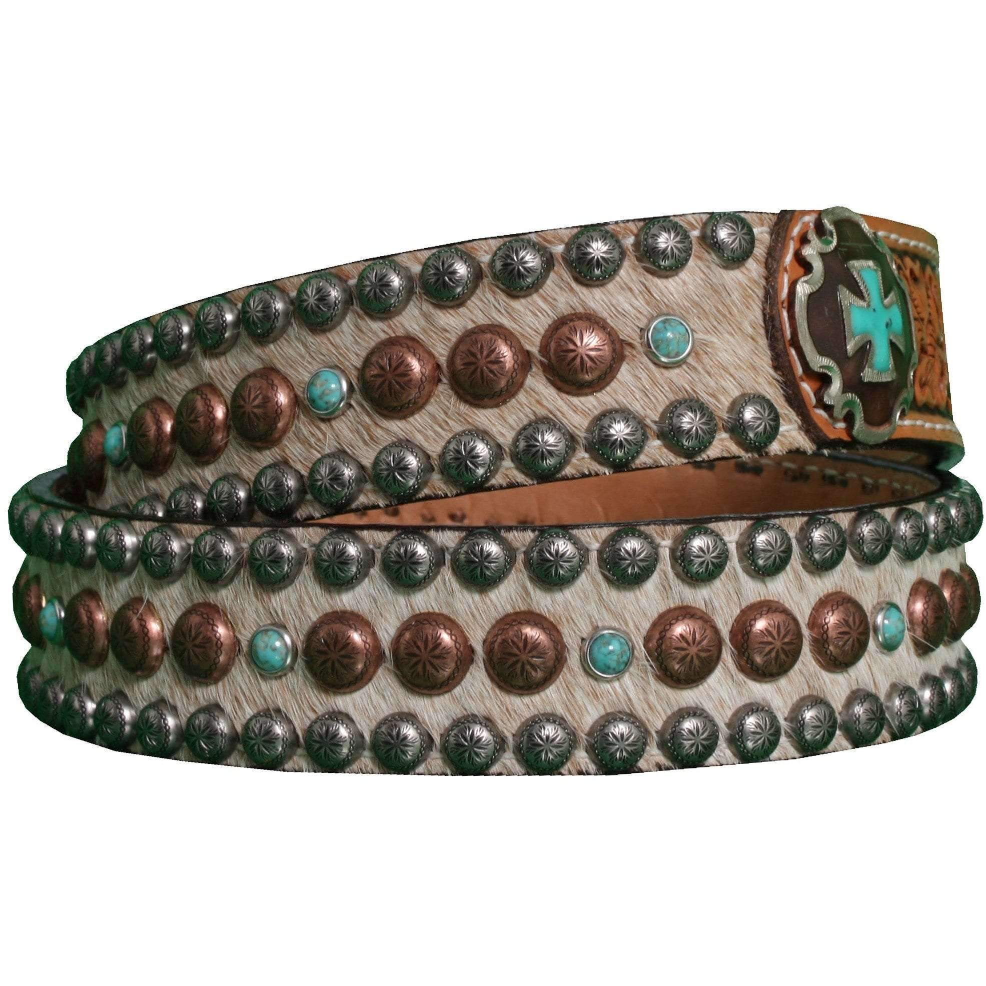 B719A - Roan Hair Studded Tooled Belt Belt