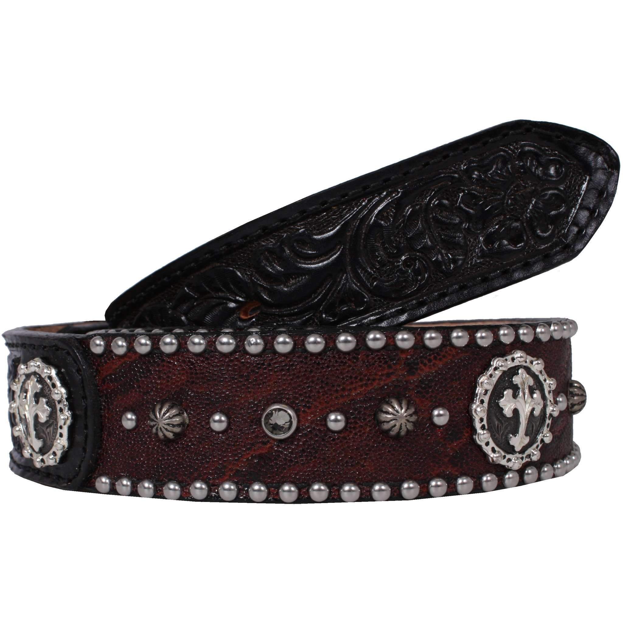 B786 - Maroon Elephant Print Floral Tooled Belt Belt