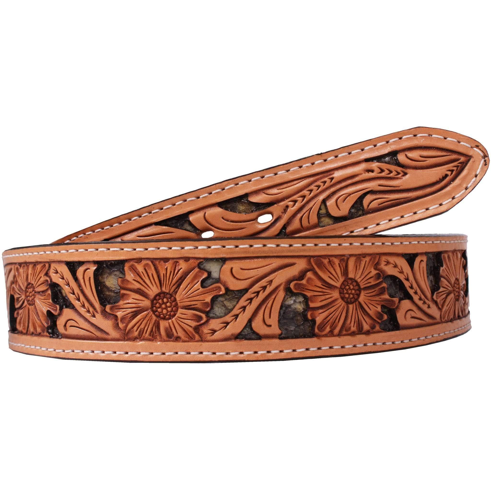 B788A - Floral Tooled Inlayed Belt Belt