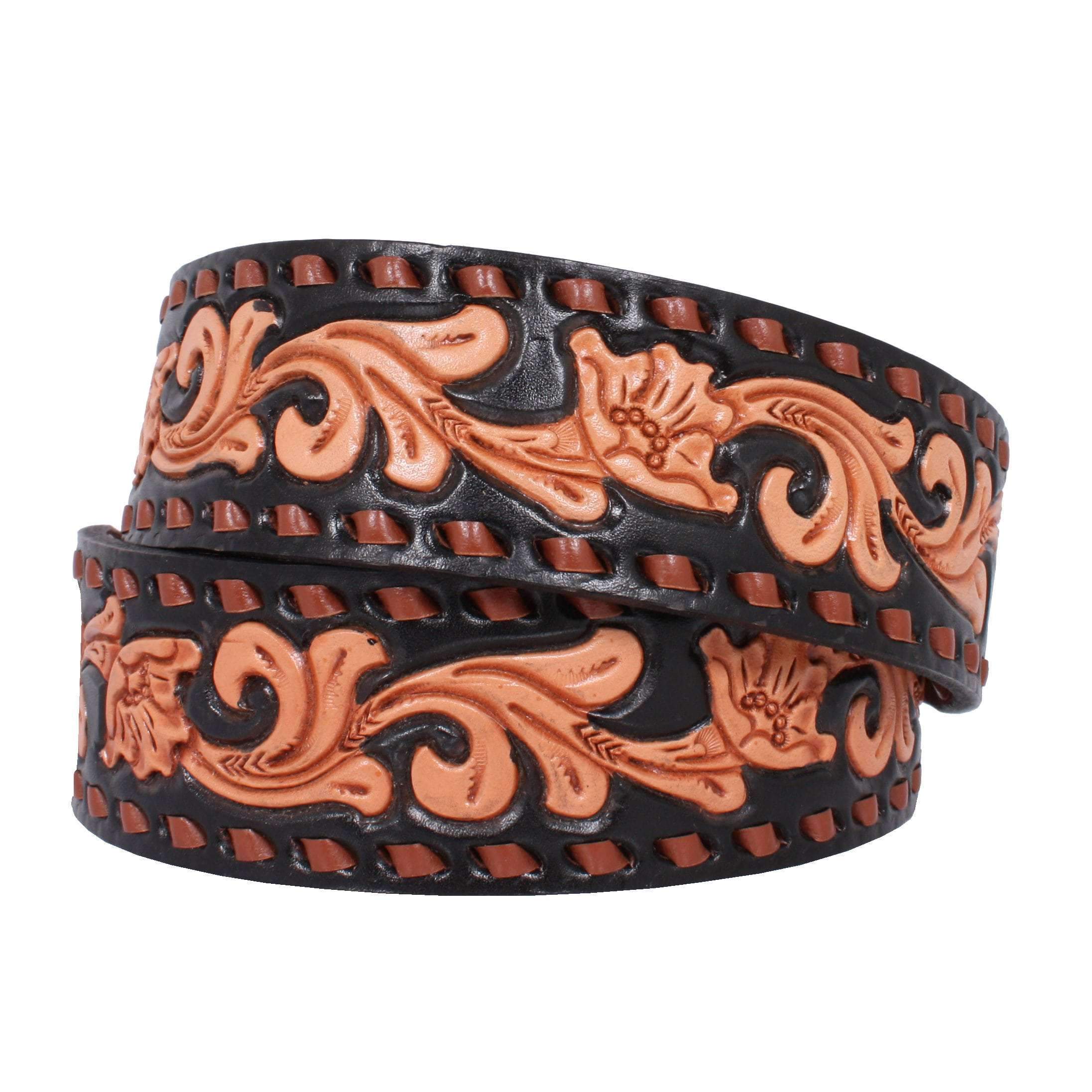 B816 - Natural Floral Tooled Black Background Belt Belt