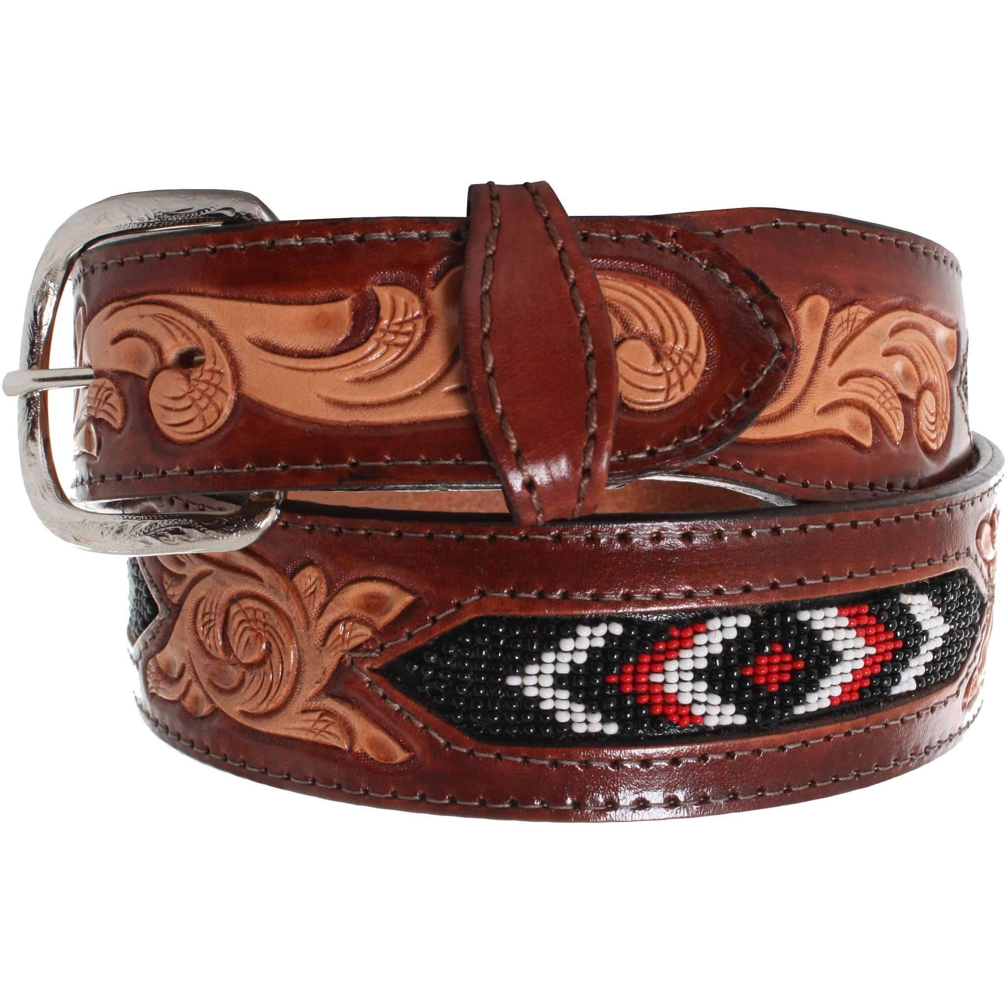 B846 - Cognac Leather Beaded Inlay Belt Belt