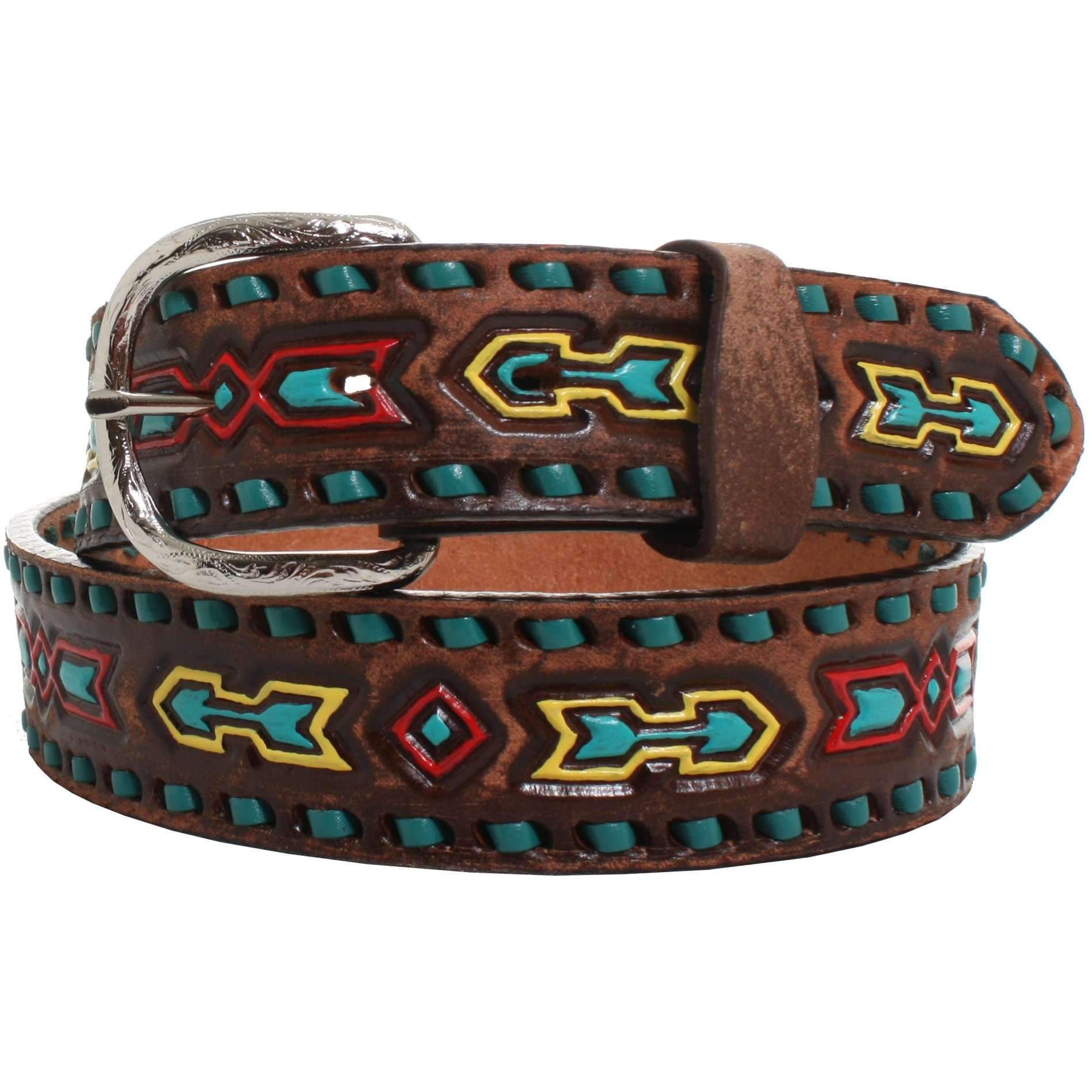 B870 - Brown Vintage Painted Tooled Belt Belt