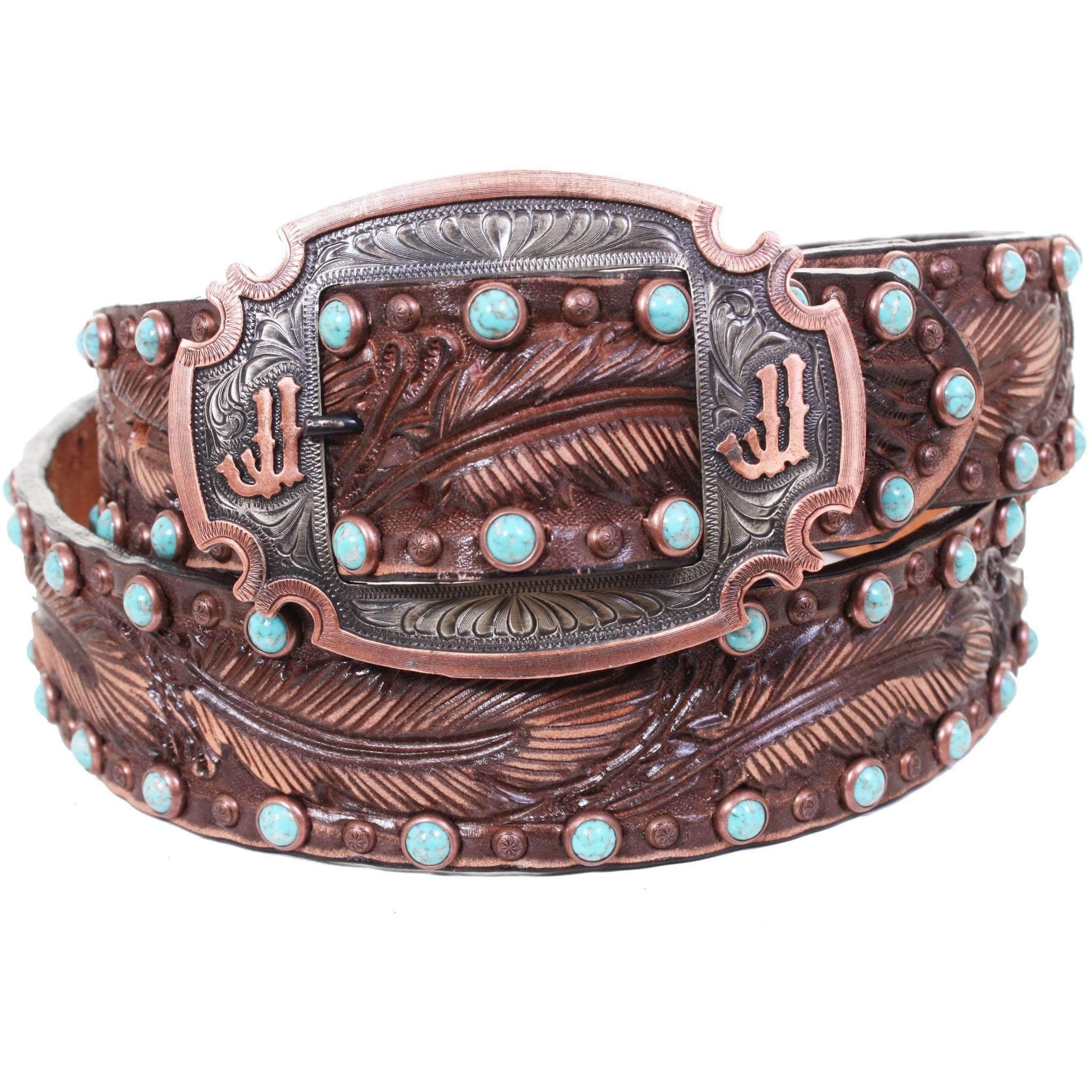 B887 - Brown Vintage Feather Tooled Belt Belt