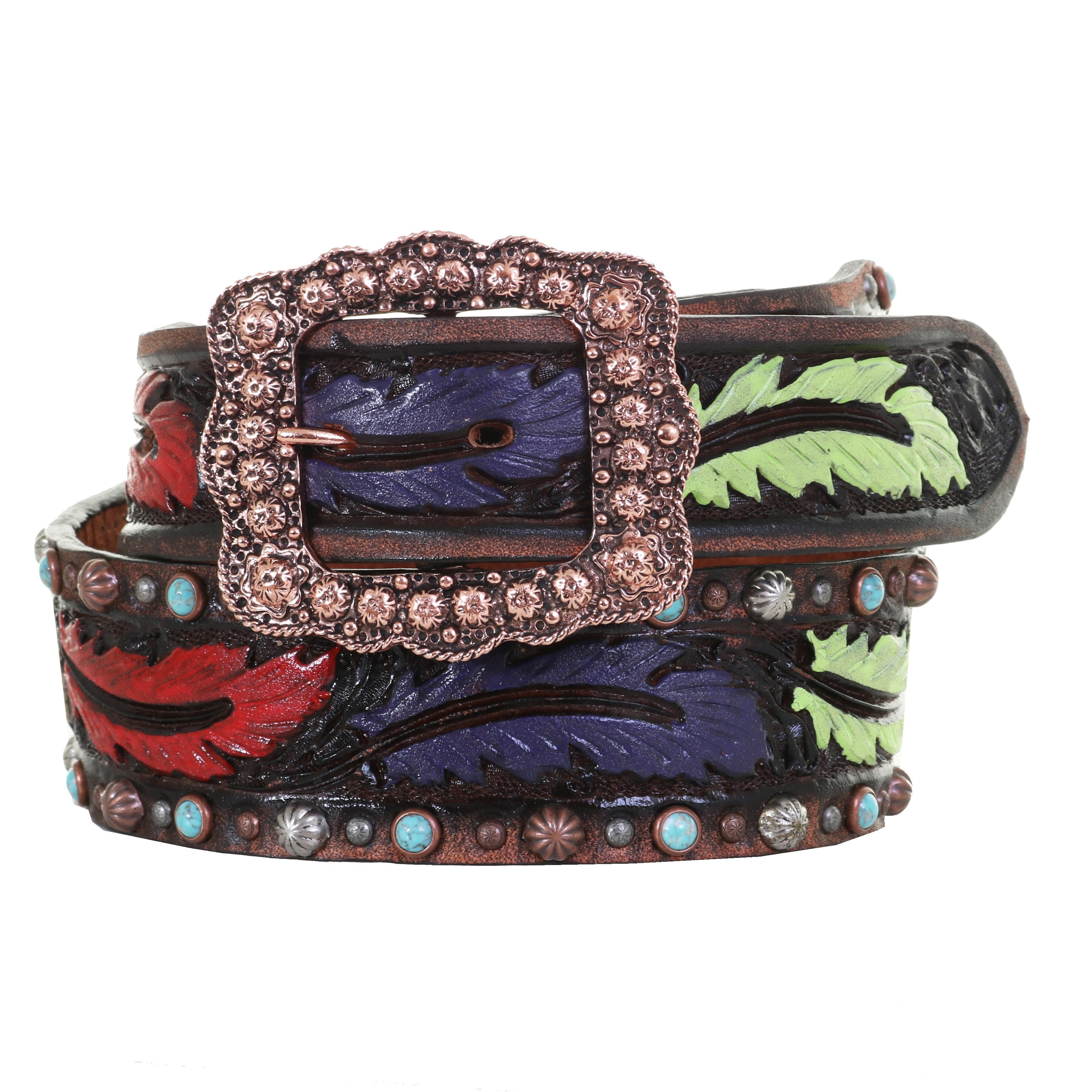 B889 - Brown Vintage Feather Tooled Belt Belt
