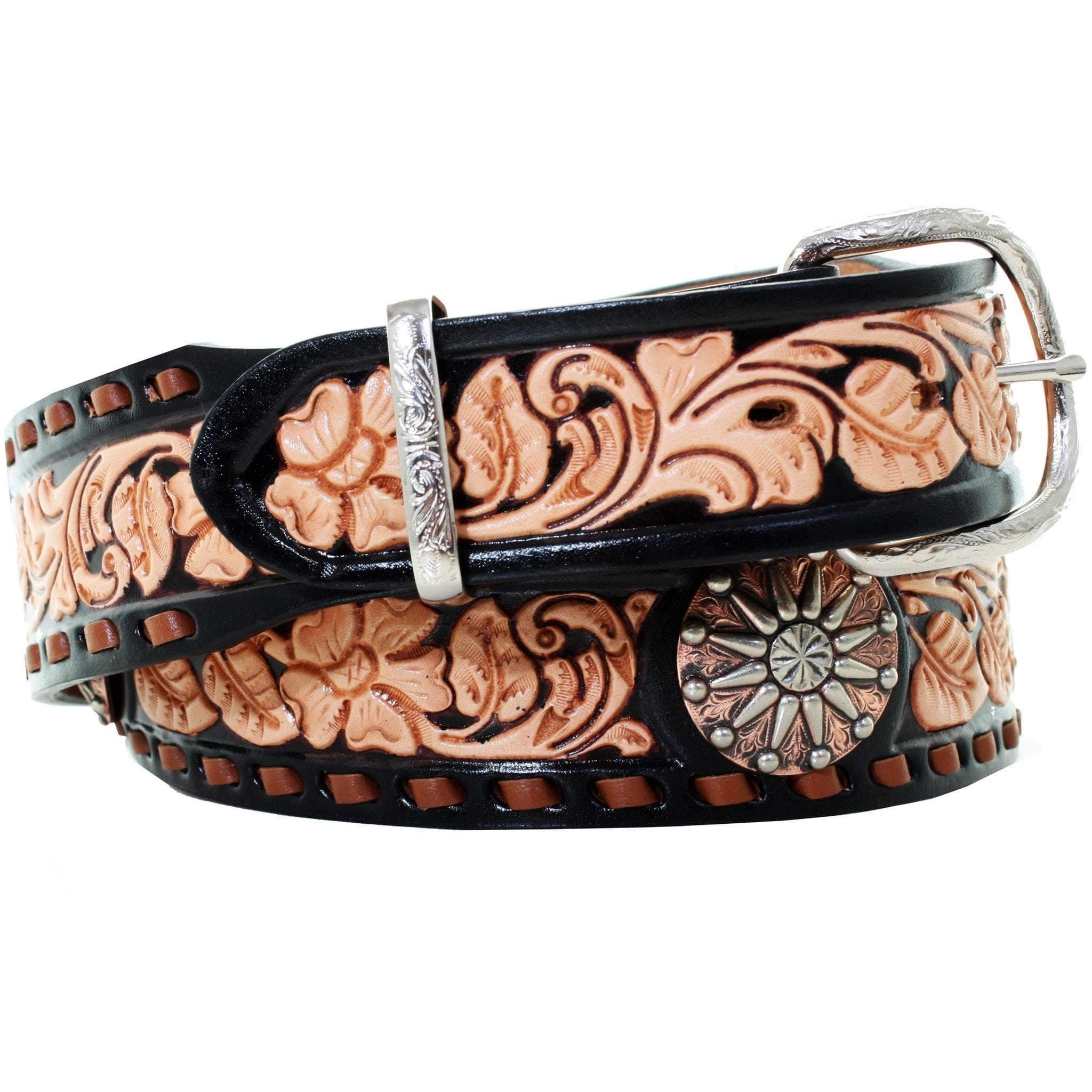 B927B - Black And Natural Floral Tooled Belt Belt