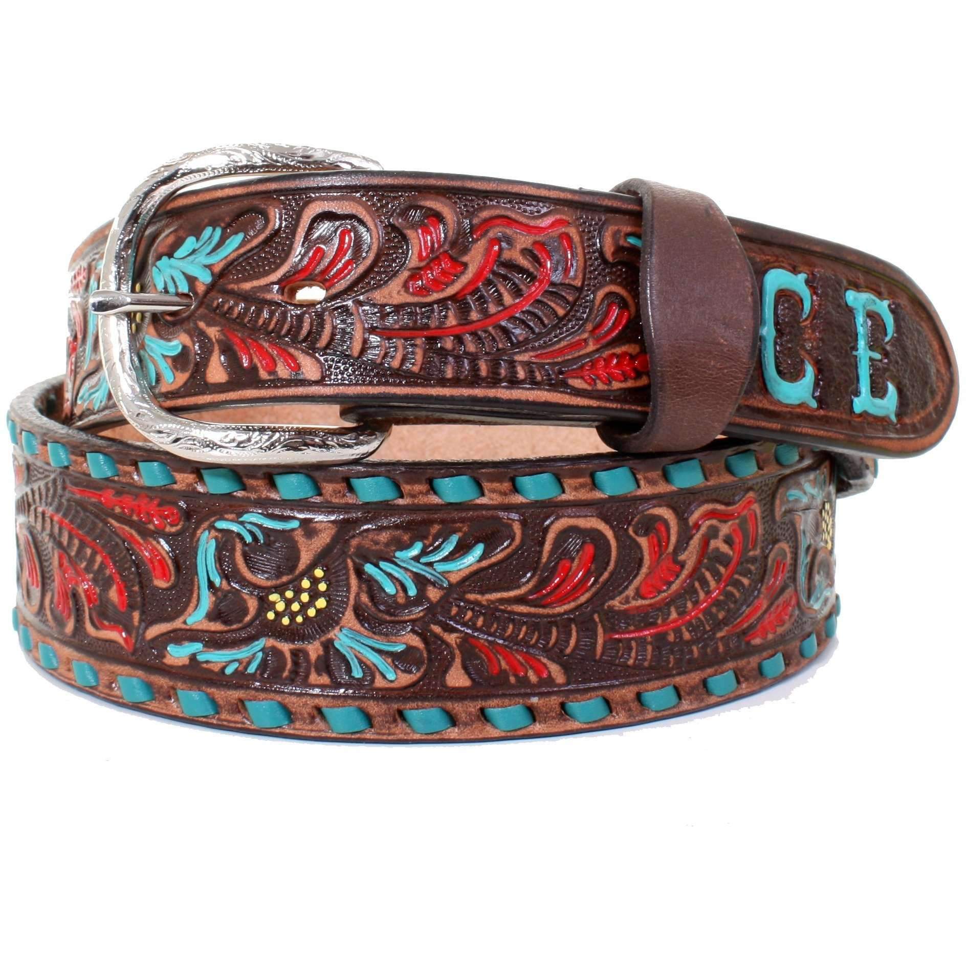 B932 -Brown Vintage Floral Tooled Belt Belt