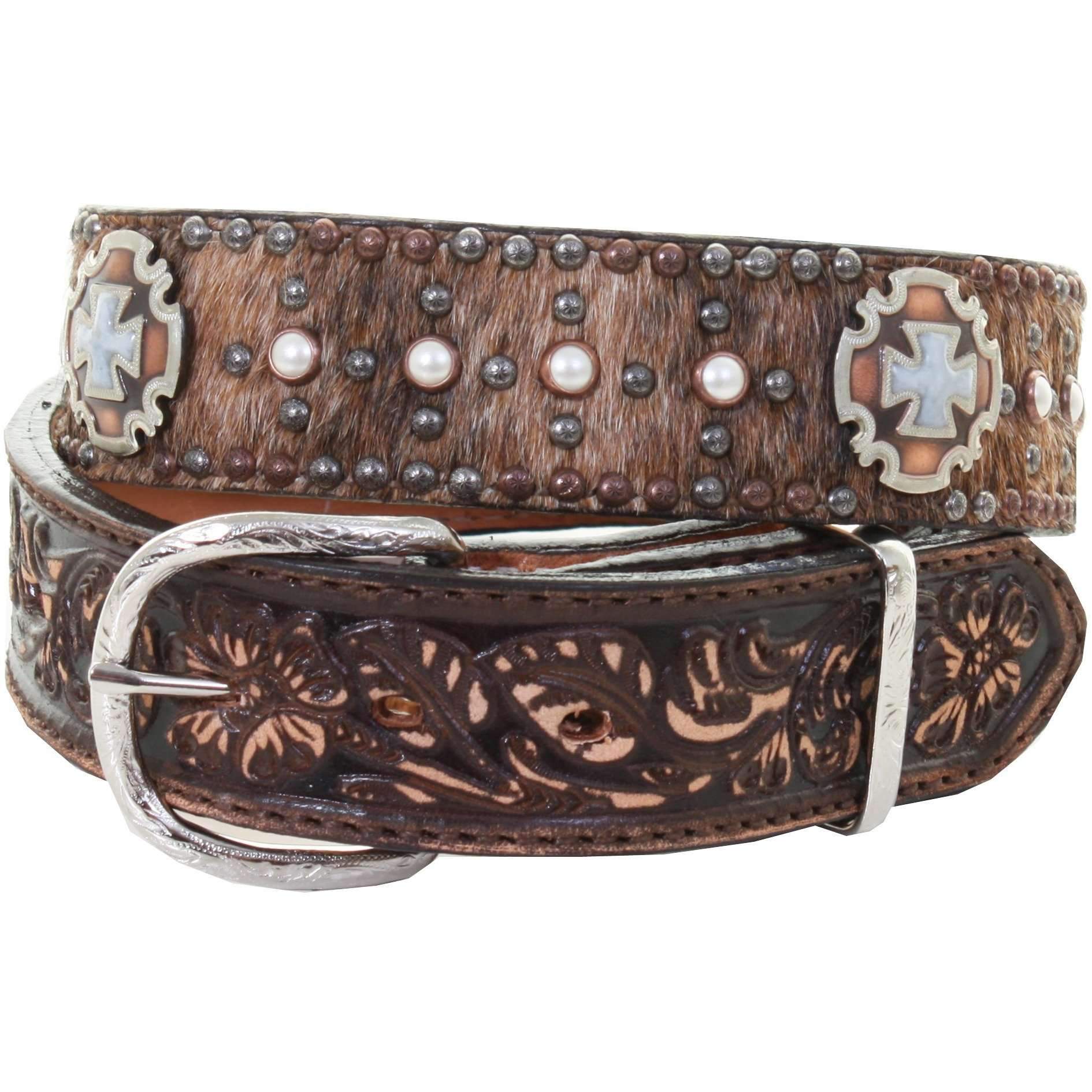 B960 - Brindle Hair Studded Tooled Belt Belt
