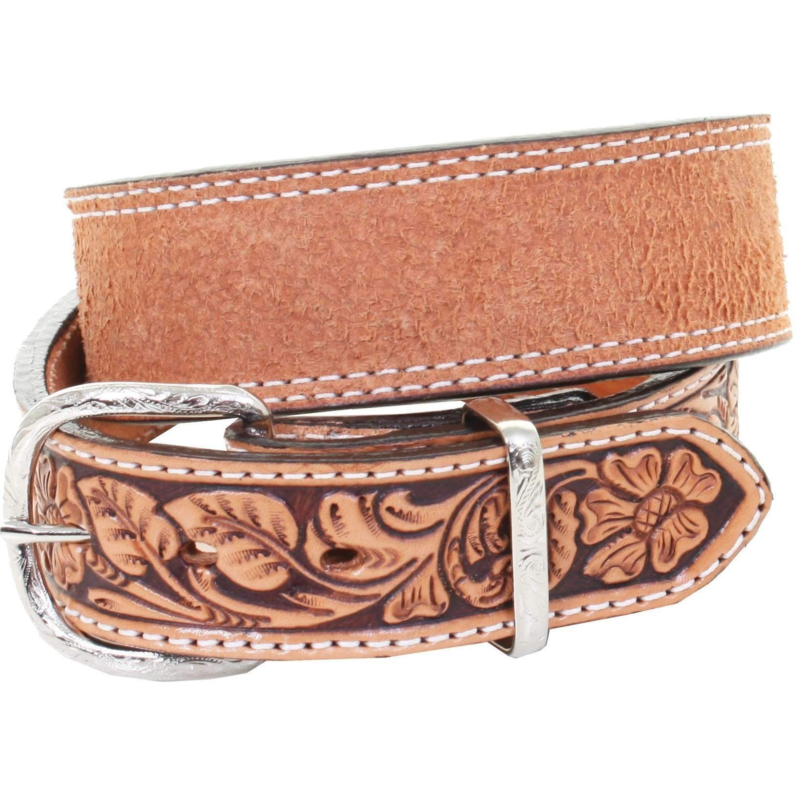 B981 - Natural Rough Out And Floral Tooled Belt Belt