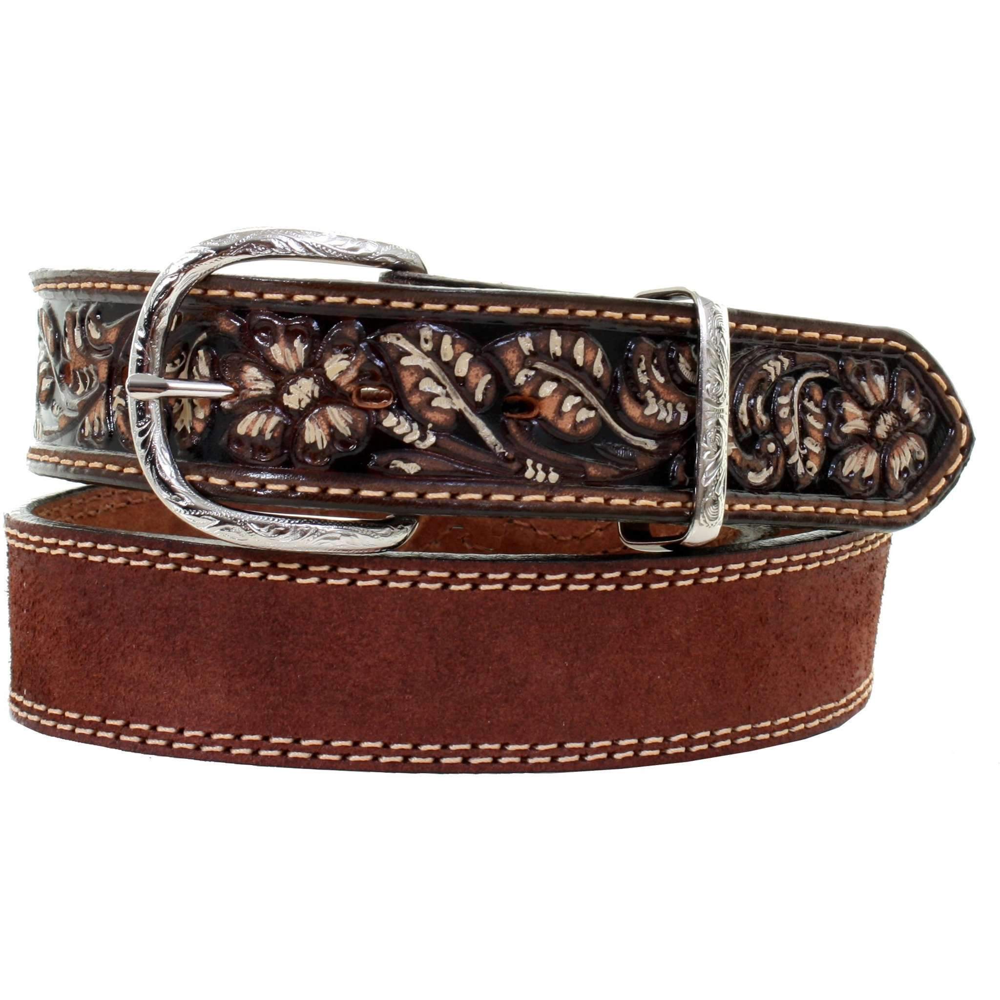 B994 - Brown Rough Out Tooled Belt Belt