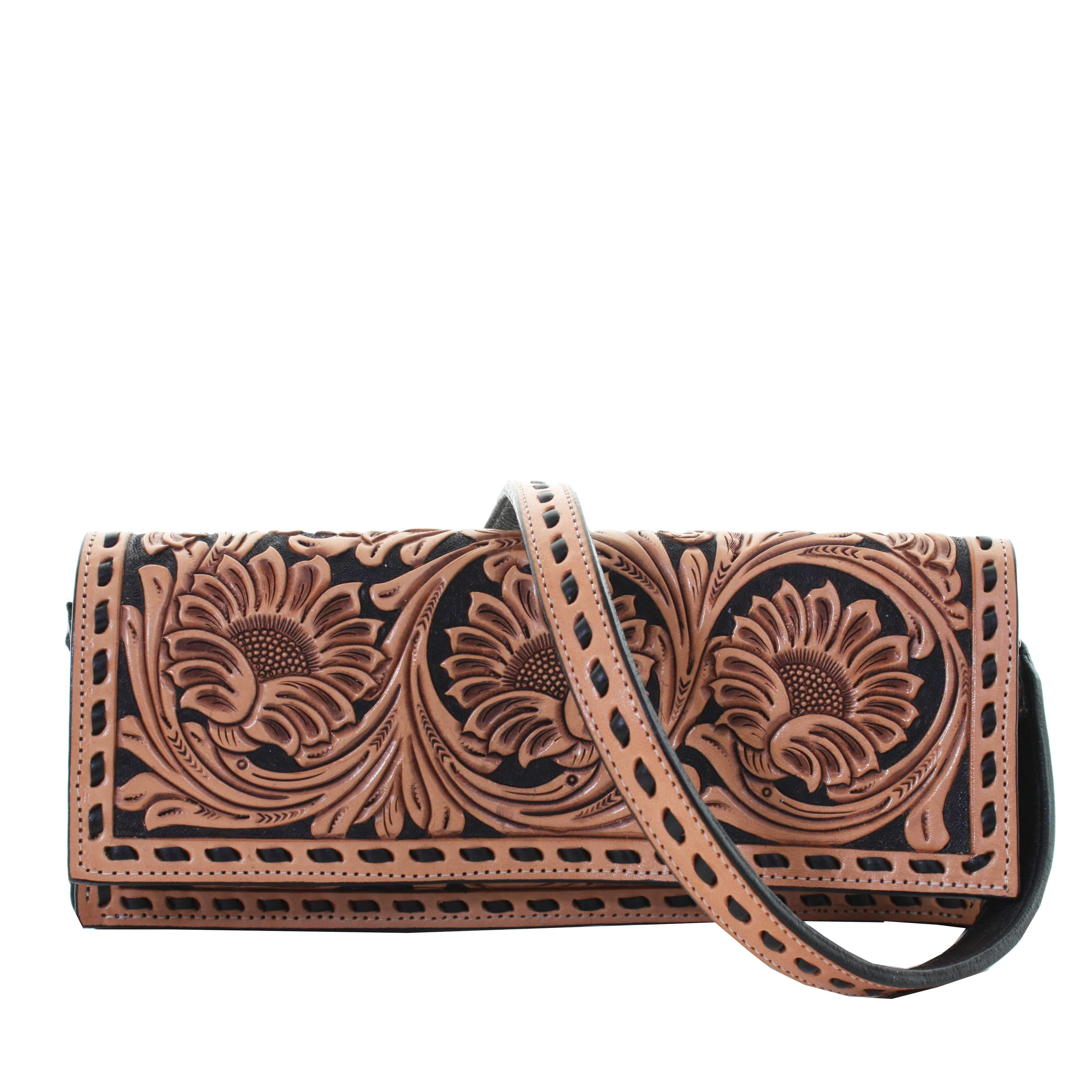 Bch45 - Sunflower Tooled Western Buckle Clutch Handbag