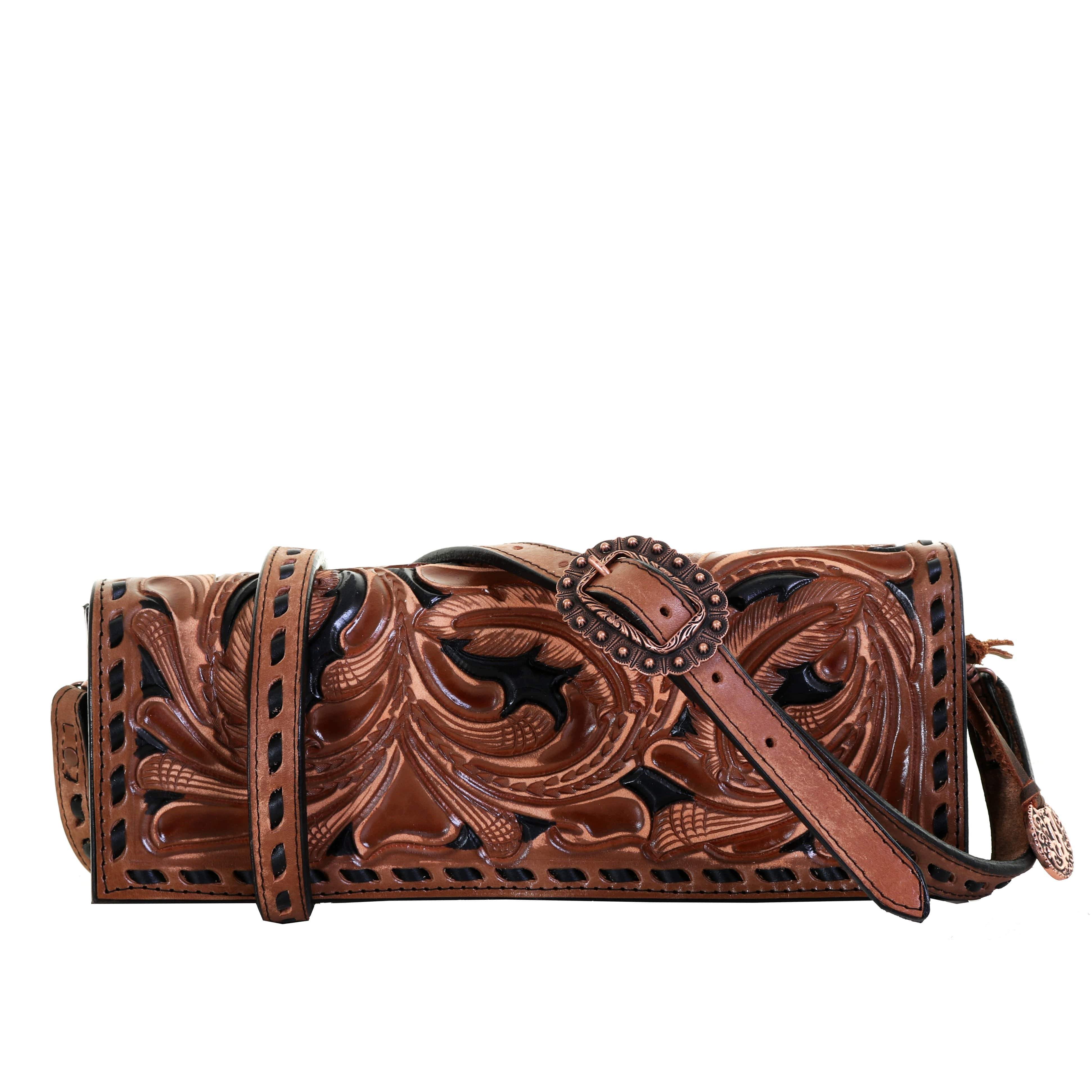 Bch48 - Pecan Vintage Tooled Western Buckle Clutch Handbag