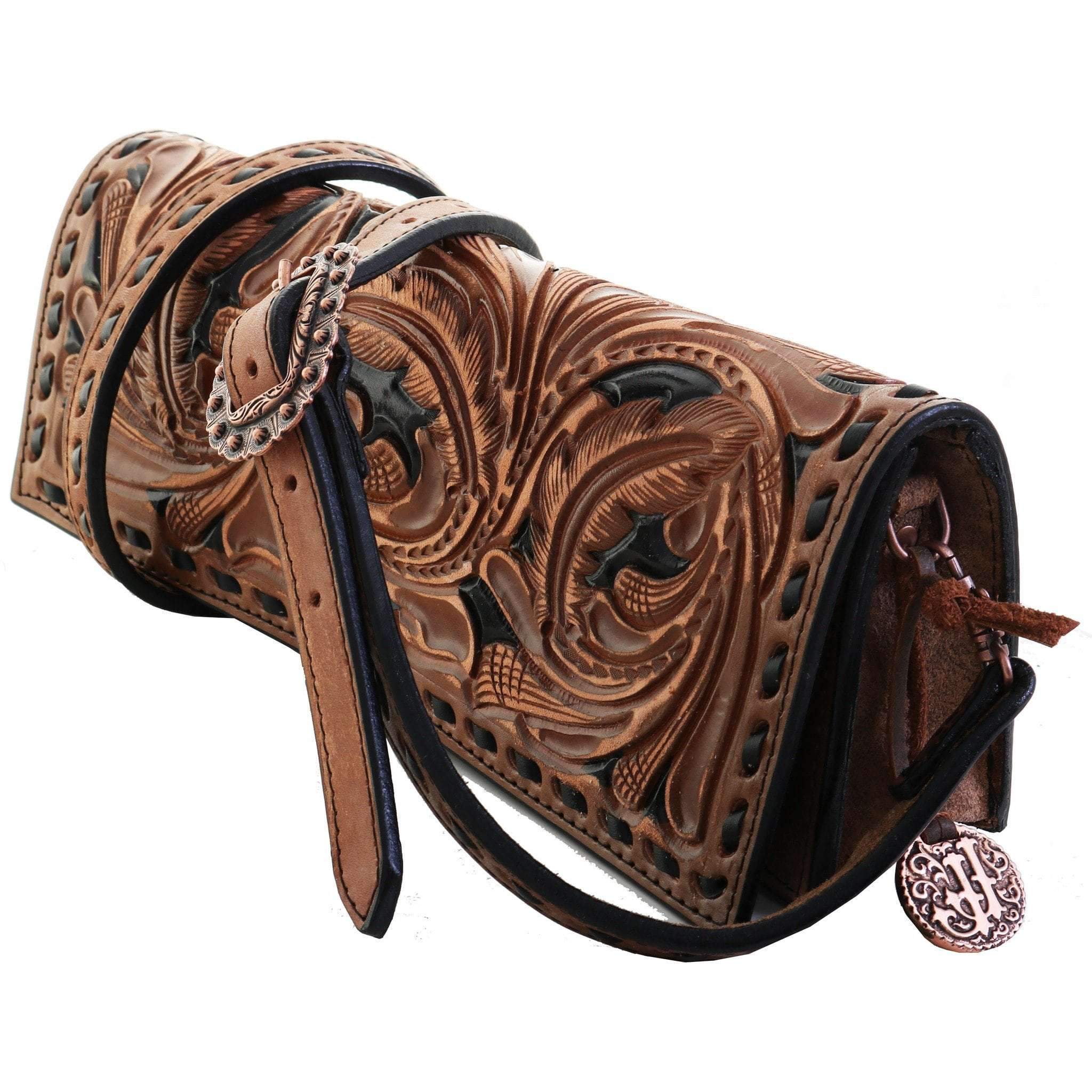 Bch48 - Pecan Vintage Tooled Western Buckle Clutch Handbag