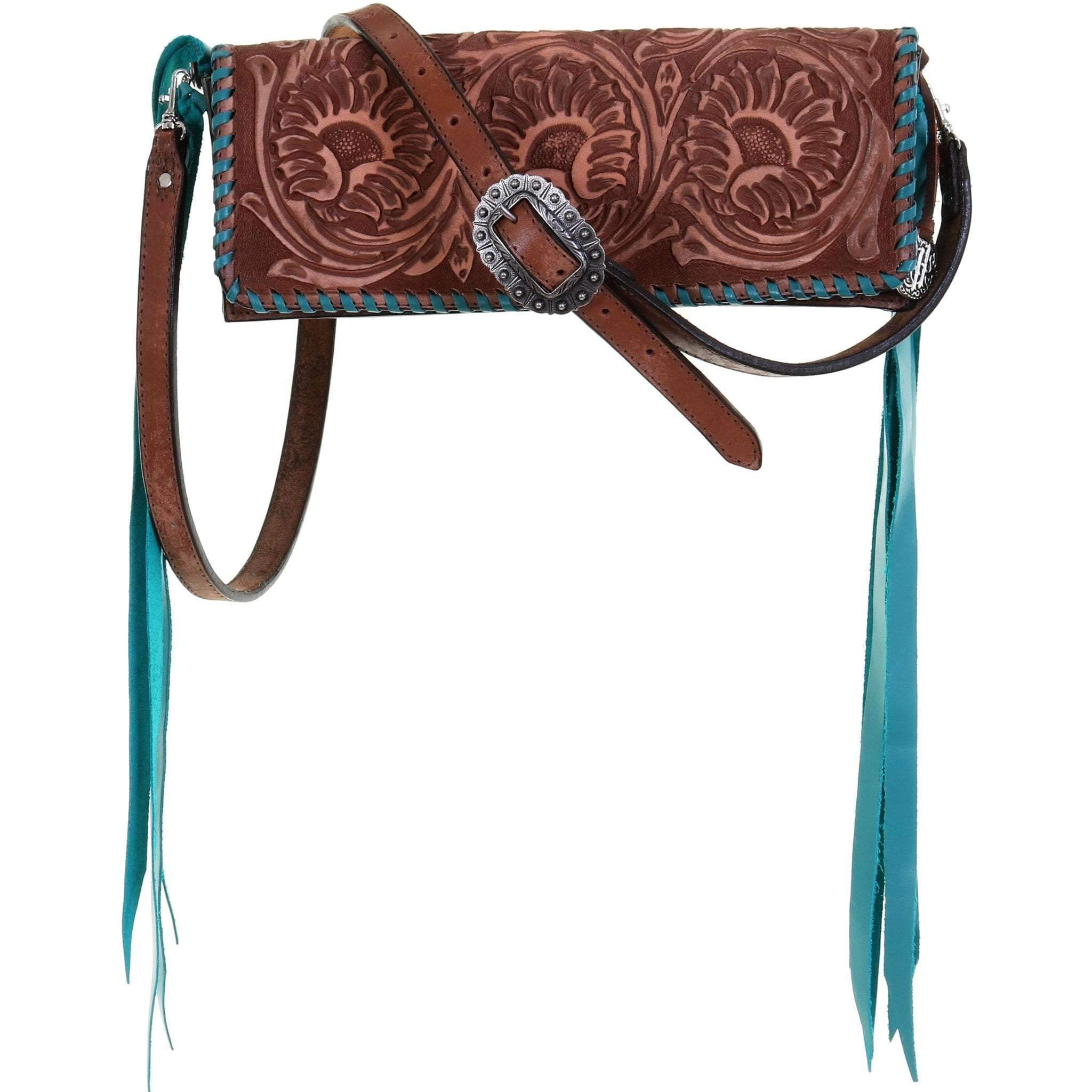 Bch49 - Sunflower Tooled Pecan Vintage Western Buckle Clutch Handbag