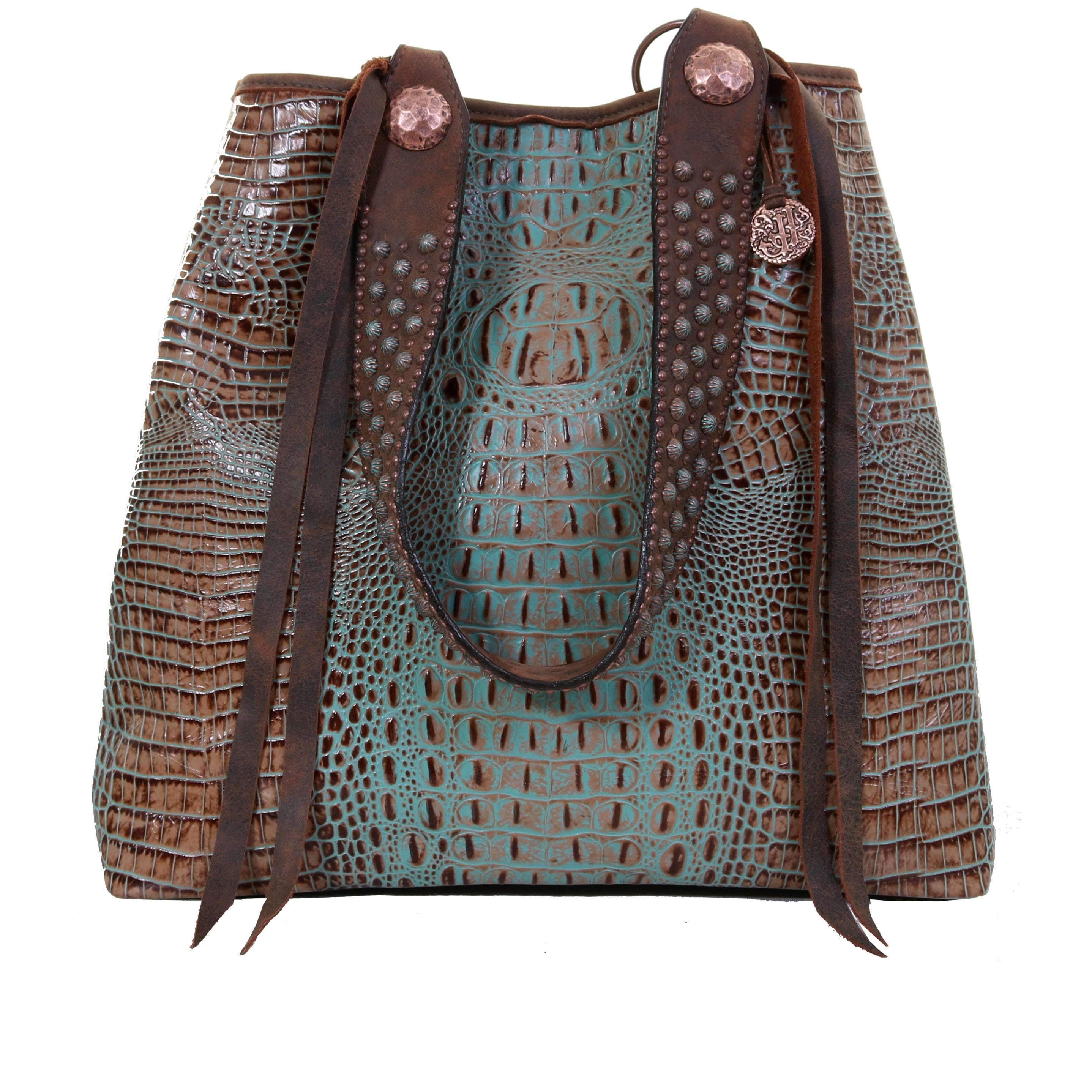 Bt147 - Vintage Mint Crocodile Print Big Tote Handbag