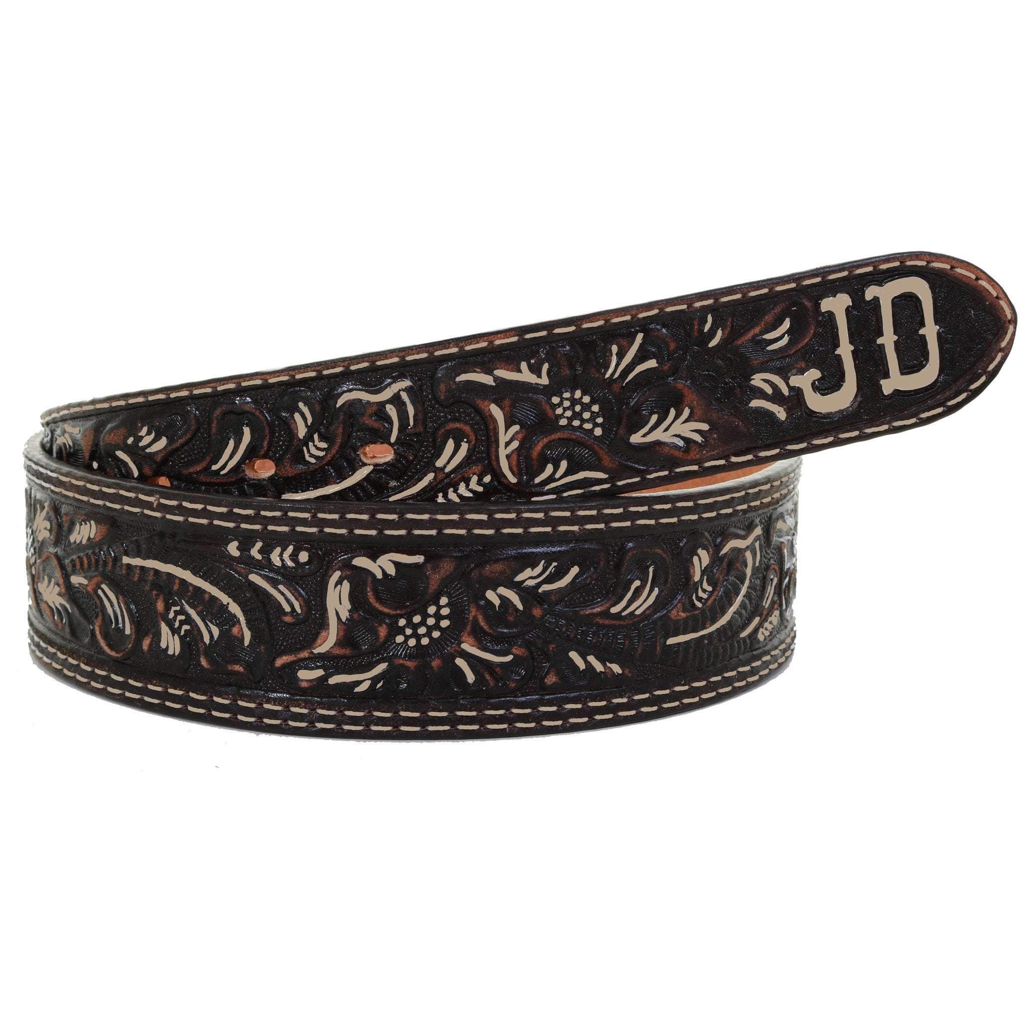 B1064B - Brown Vintage Tooled Belt Belt