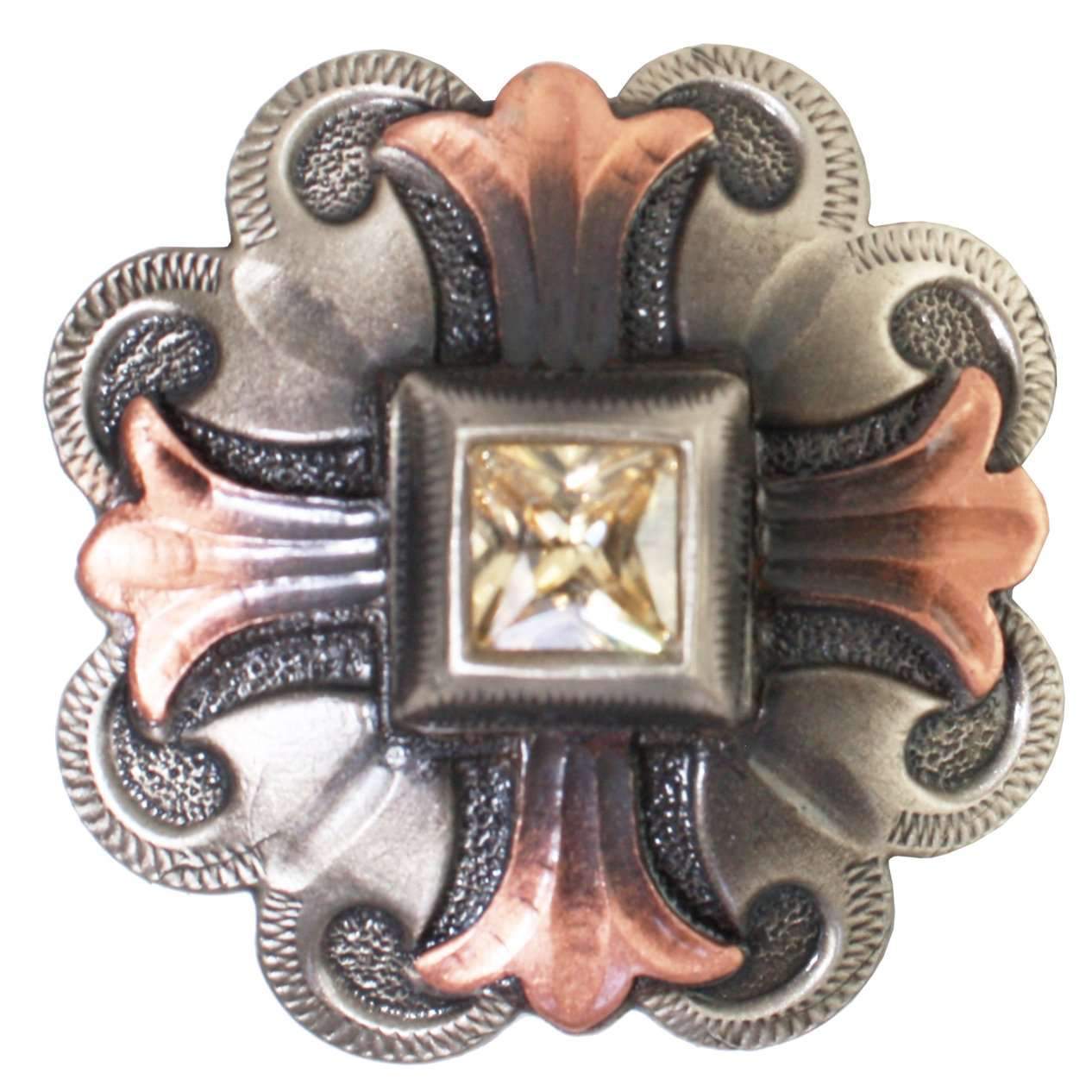 C1525 - Antique Copper & Brass Cross With Square Topaz Crystal Concho Concho