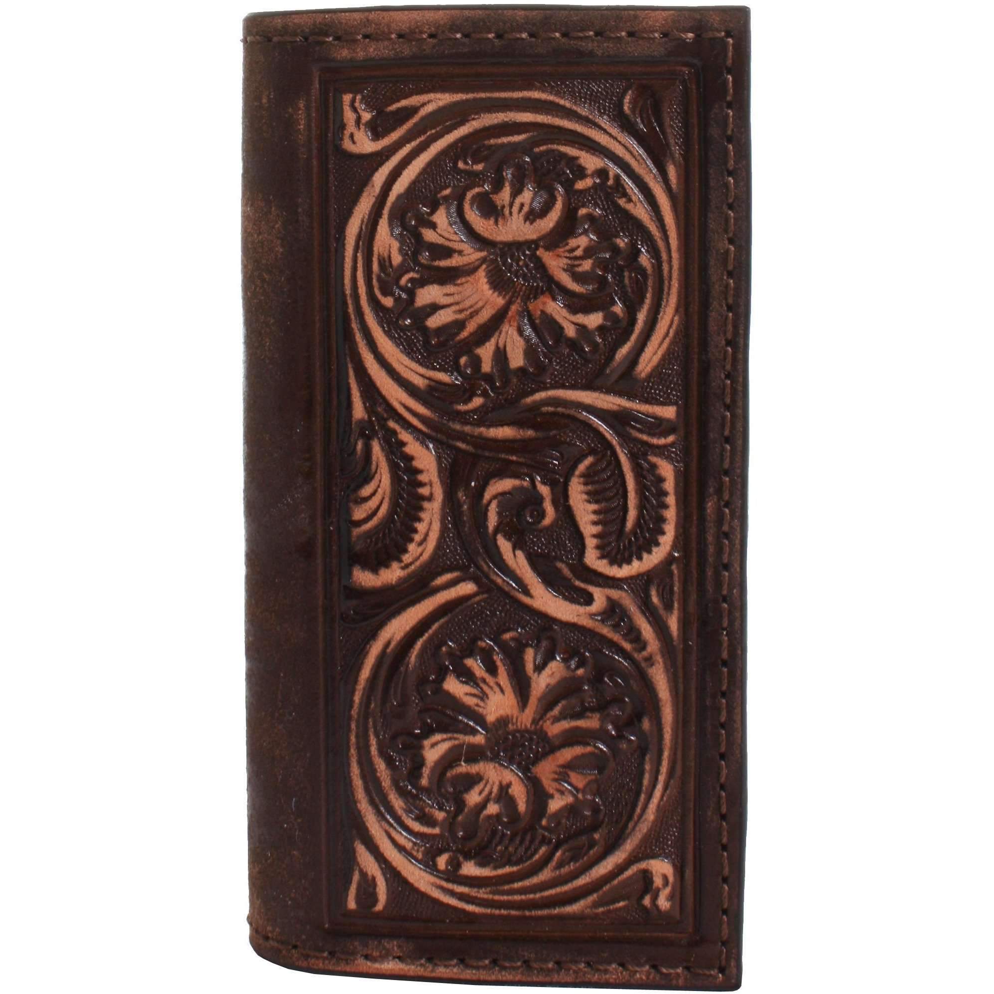 Cb38 - Brown Vintage Tooled Checkbook Wallet Wallet