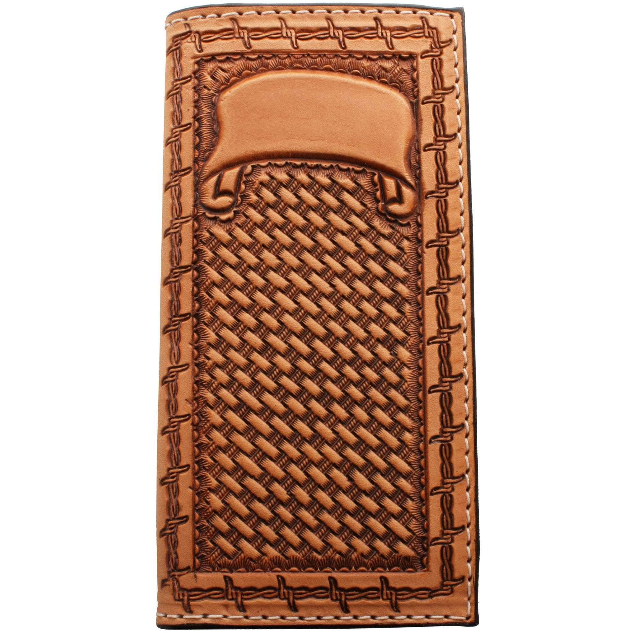 Cb39 - Natural Leather Basketweave Tooled Checkbook Wallet Wallet