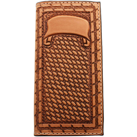 Cb39 - Natural Leather Basketweave Tooled Checkbook Wallet Wallet