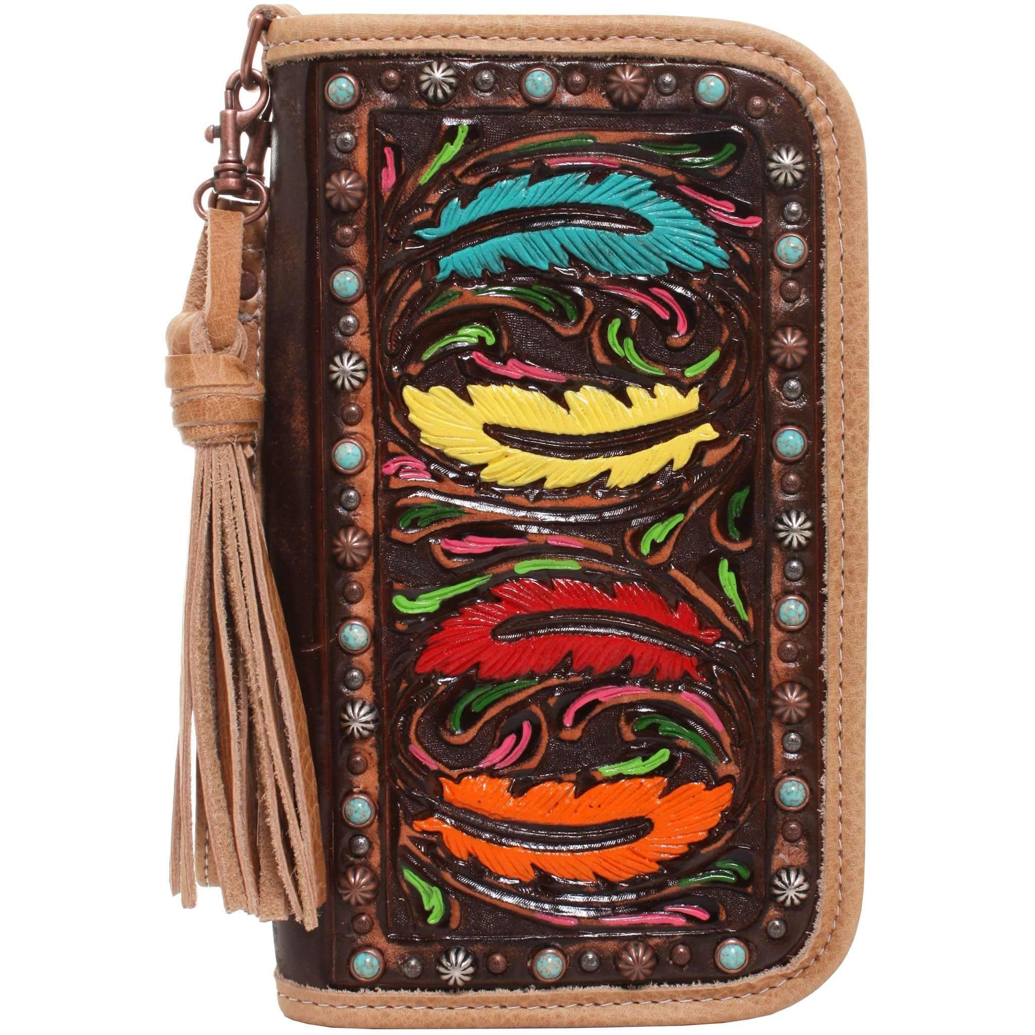 Co144 - Brown Vintage Painted Feather Clutch Organizer Handbag