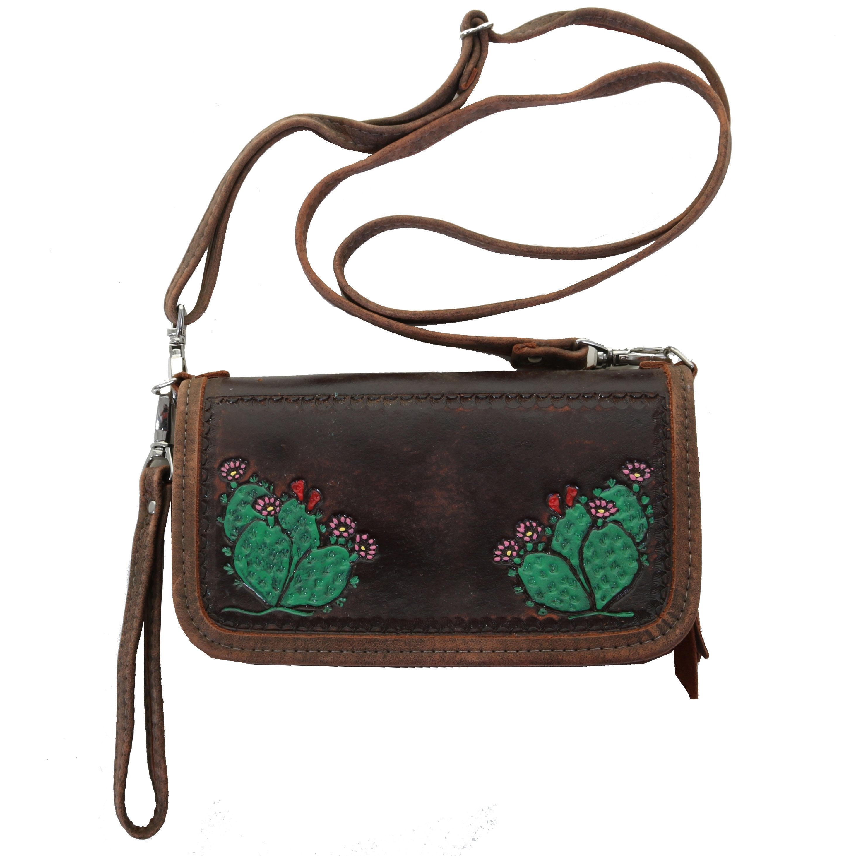 Co173 - Prickly Pear Cactus Tooled And Painted Clutch Organizer Handbag