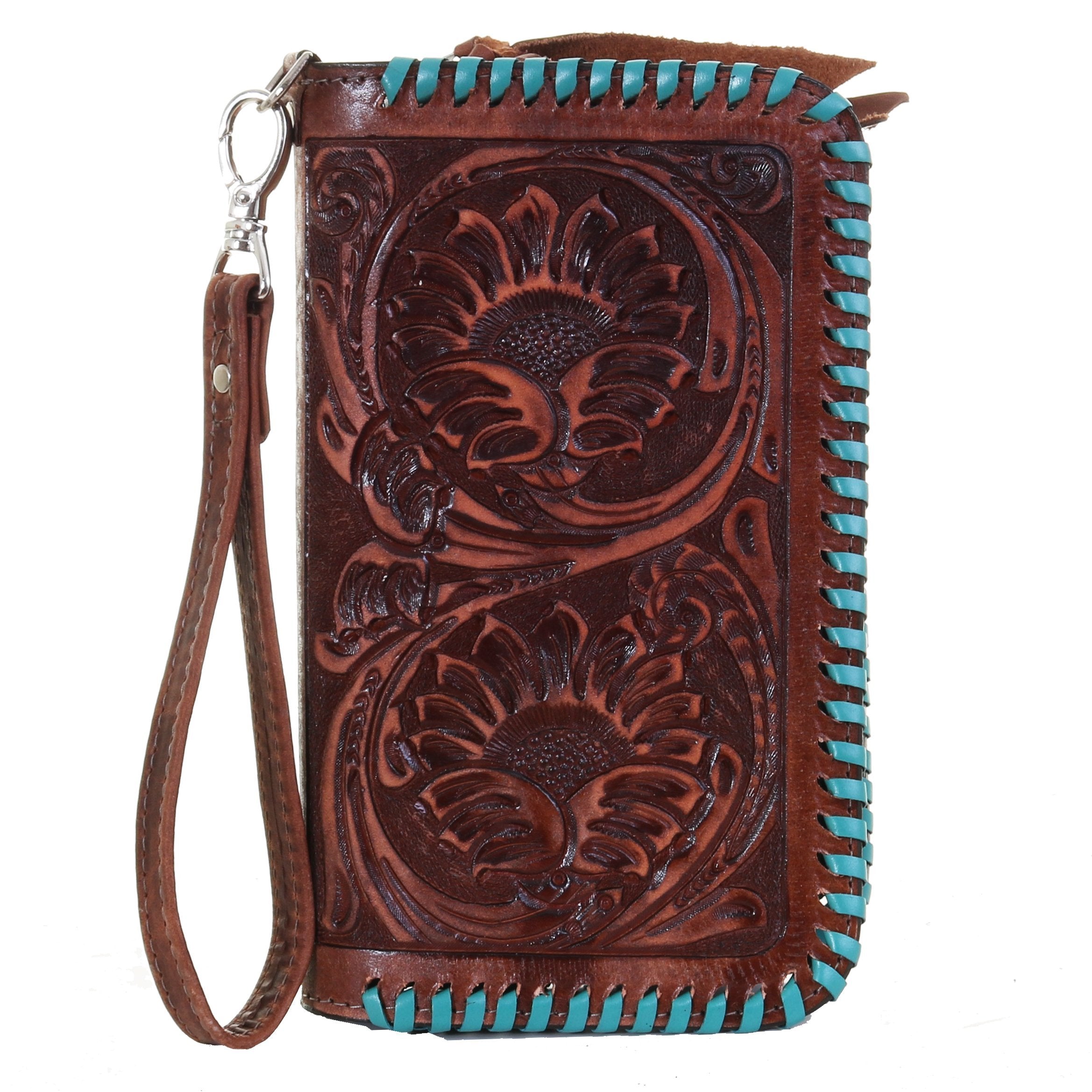 Co183 - Sunflower Tooled Pecan Vintage Clutch Organizer Handbag
