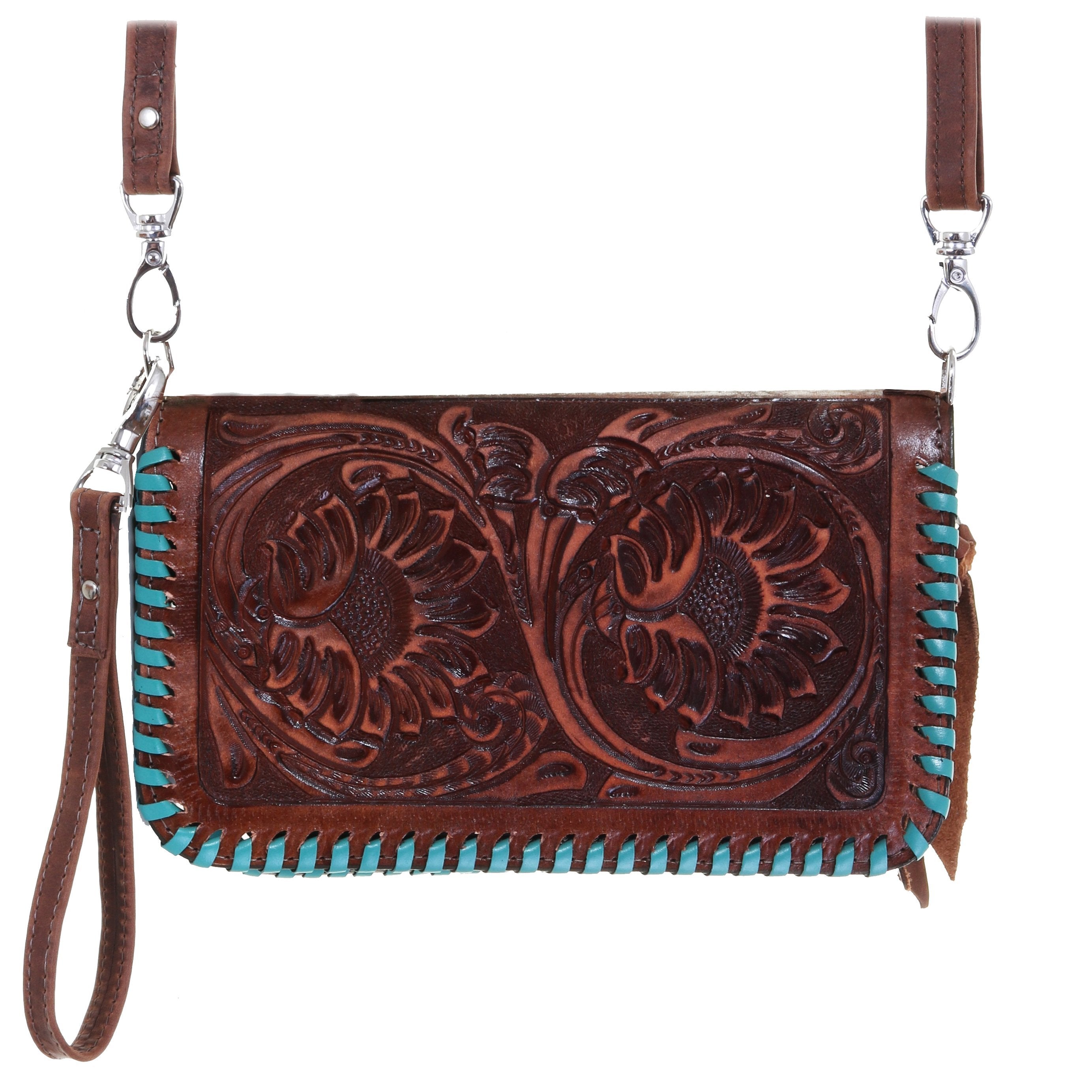 Co183 - Sunflower Tooled Pecan Vintage Clutch Organizer Handbag