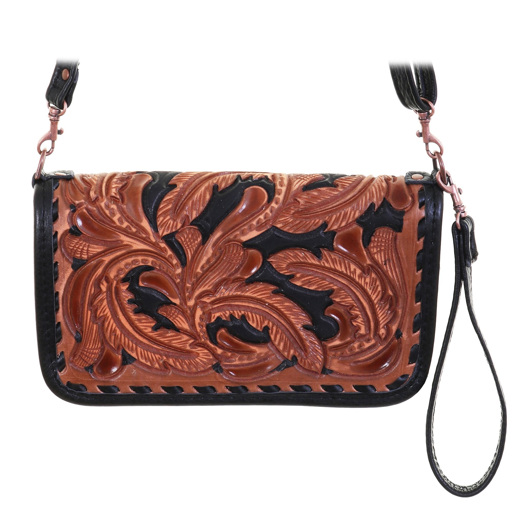 Co185 - Pecan Vintage Feather Tooled Clutch Organizer Handbag