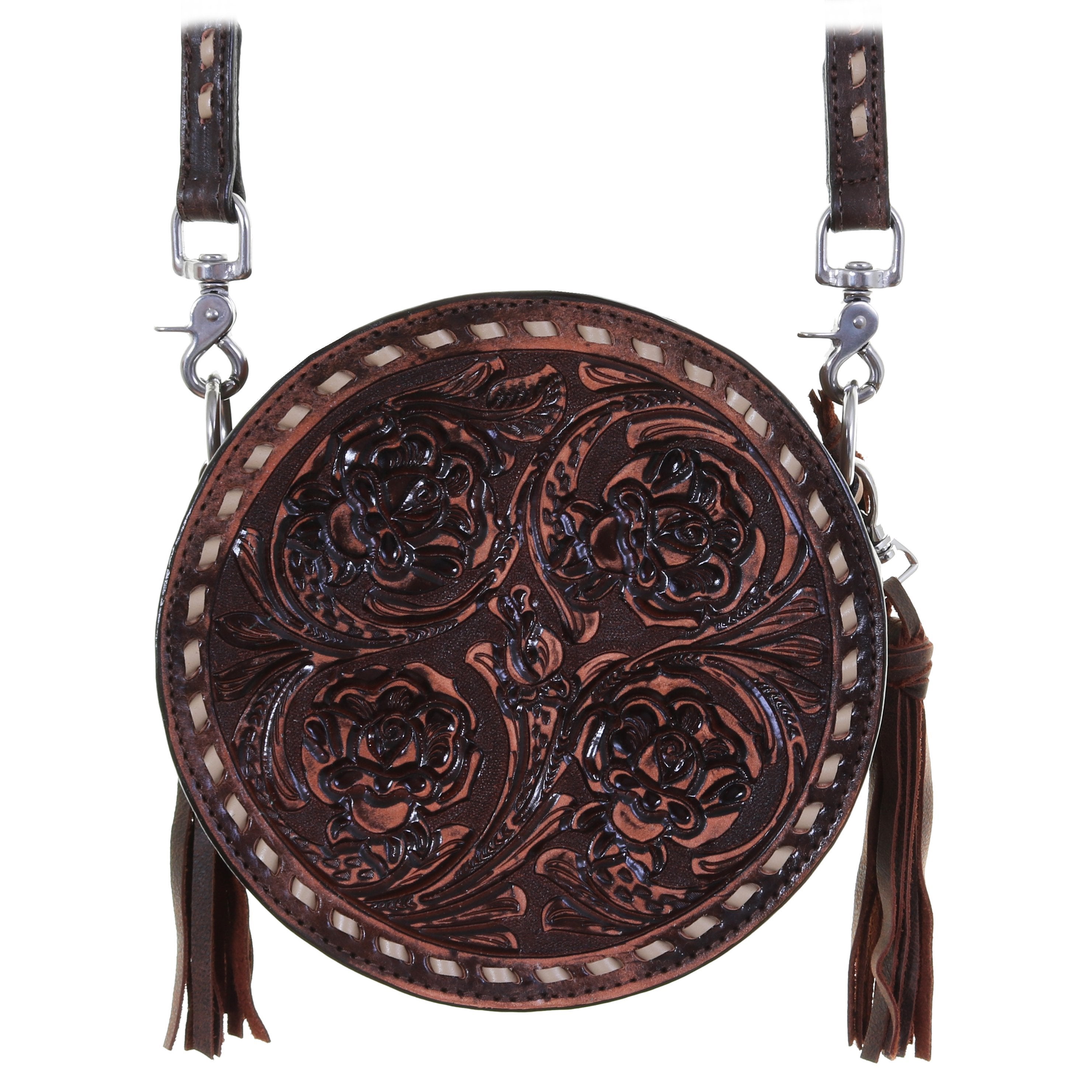 Crt04 - Brown Vintage Tooled Roses Circle Tote Handbag