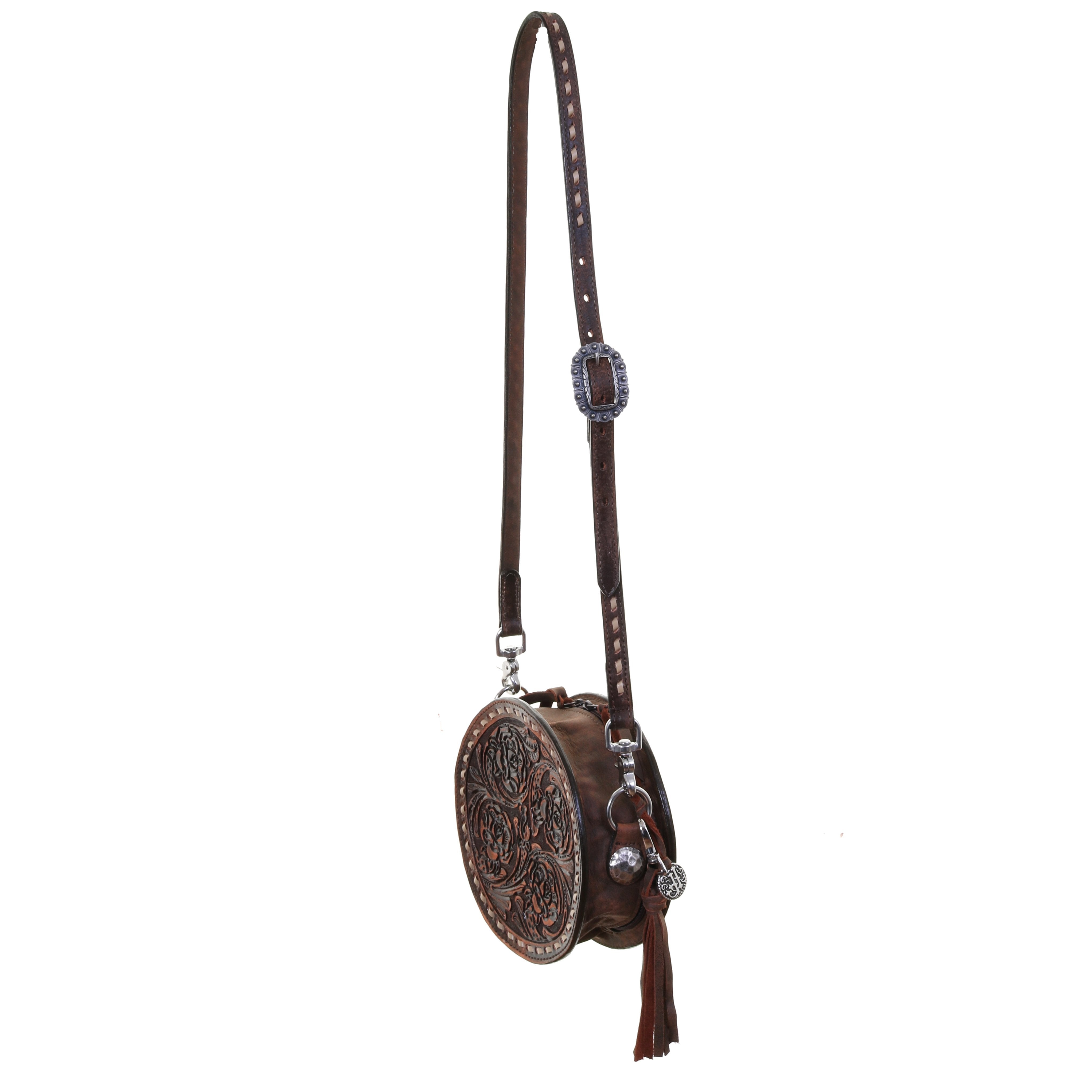 Crt04 - Brown Vintage Tooled Roses Circle Tote Handbag