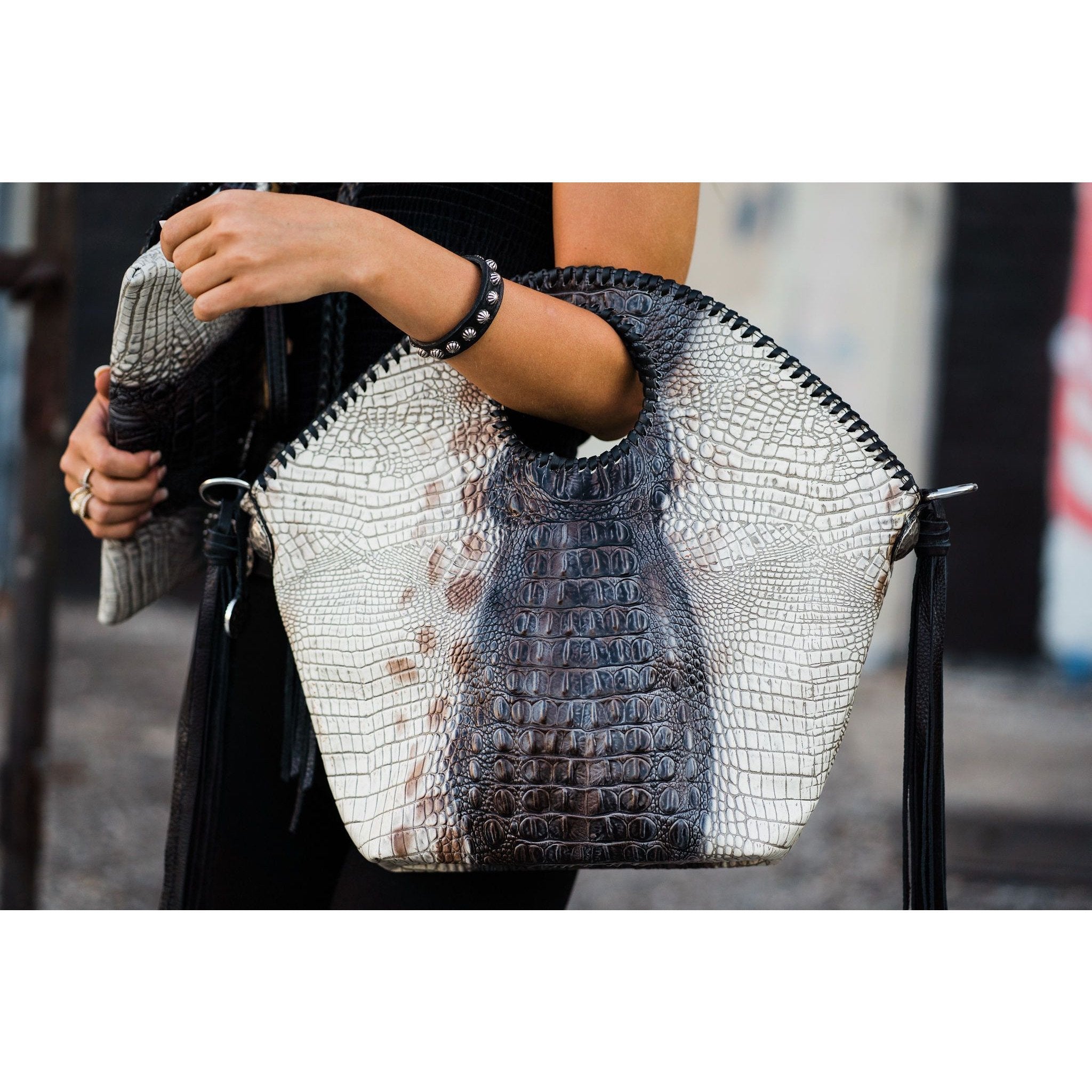 Bol05 - Zebra Crocodile Print Leather Bolsa Bag Handbag