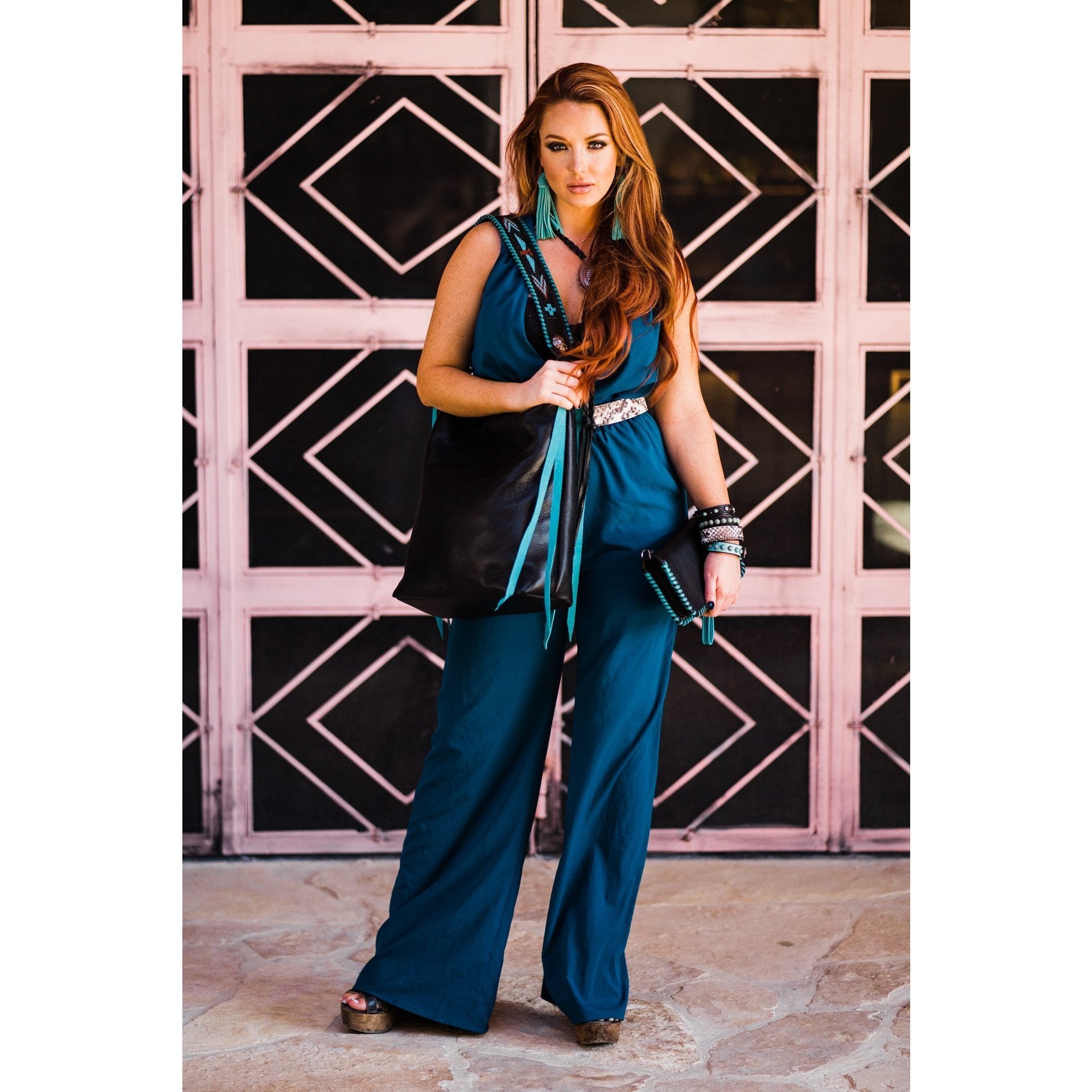 Co208 - Black Chap And Turquoise Whip Stitch Clutch Organizer Handbag