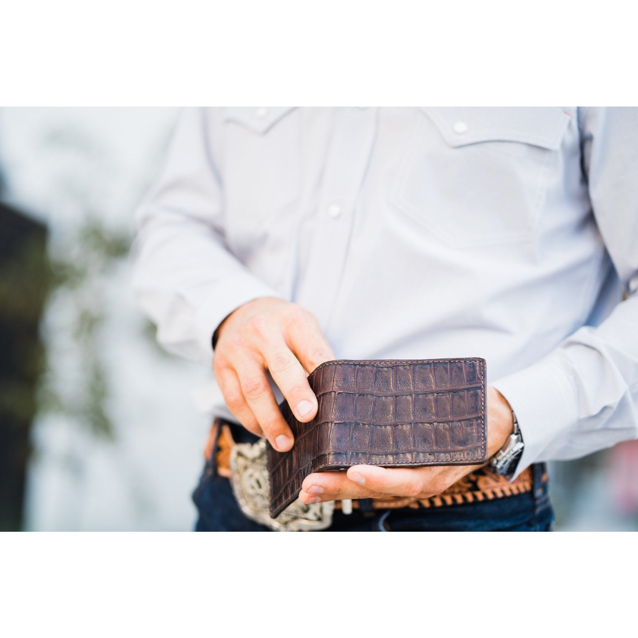 Bf43 - Knife Tail Brown Gator Print Bifold Wallet Wallet