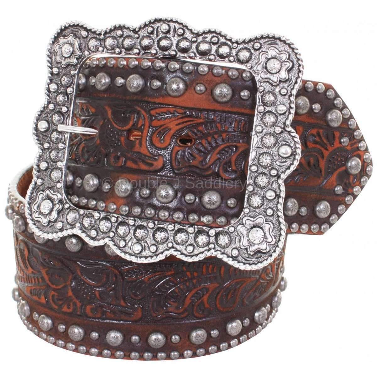 B349 - Vintage Floral Tooled Black Belt Belt