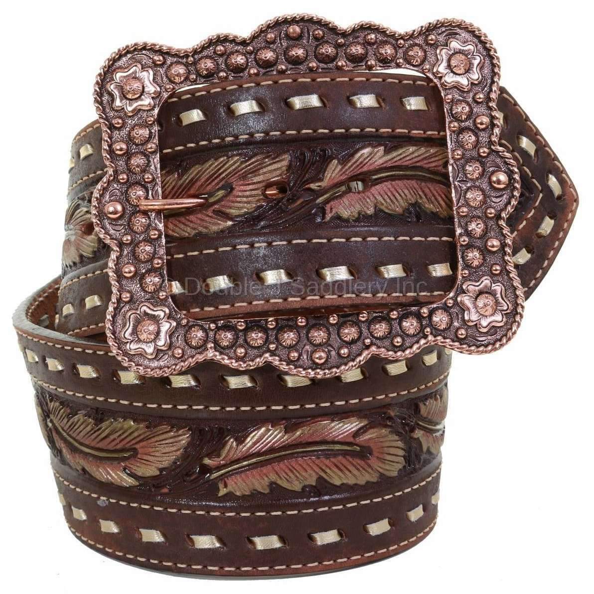 B1001 - Brown Vintage Feather Tooled Belt Belt