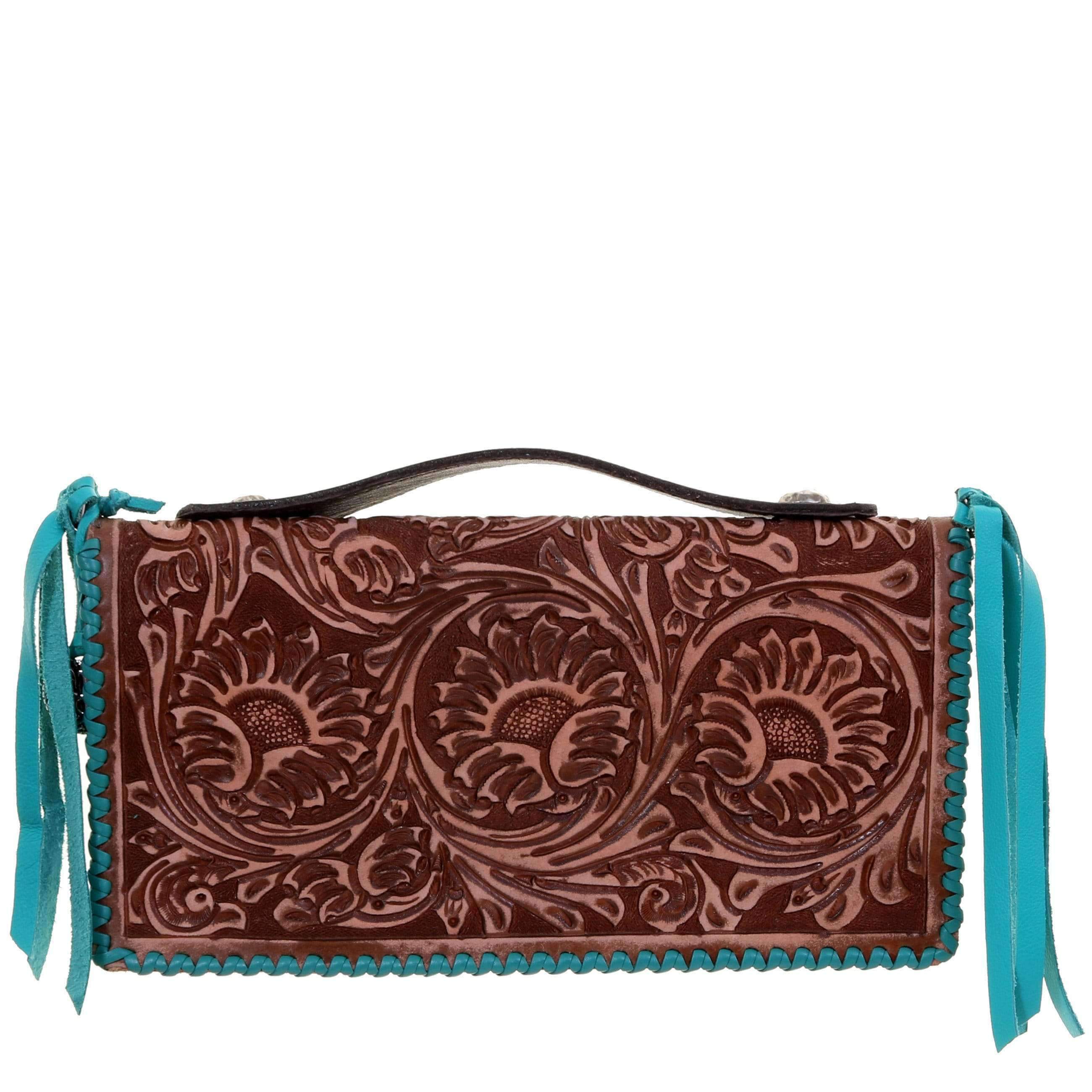 Fc02 - Sunflower Tooled Pecan Vintage Folding Clutch Handbag