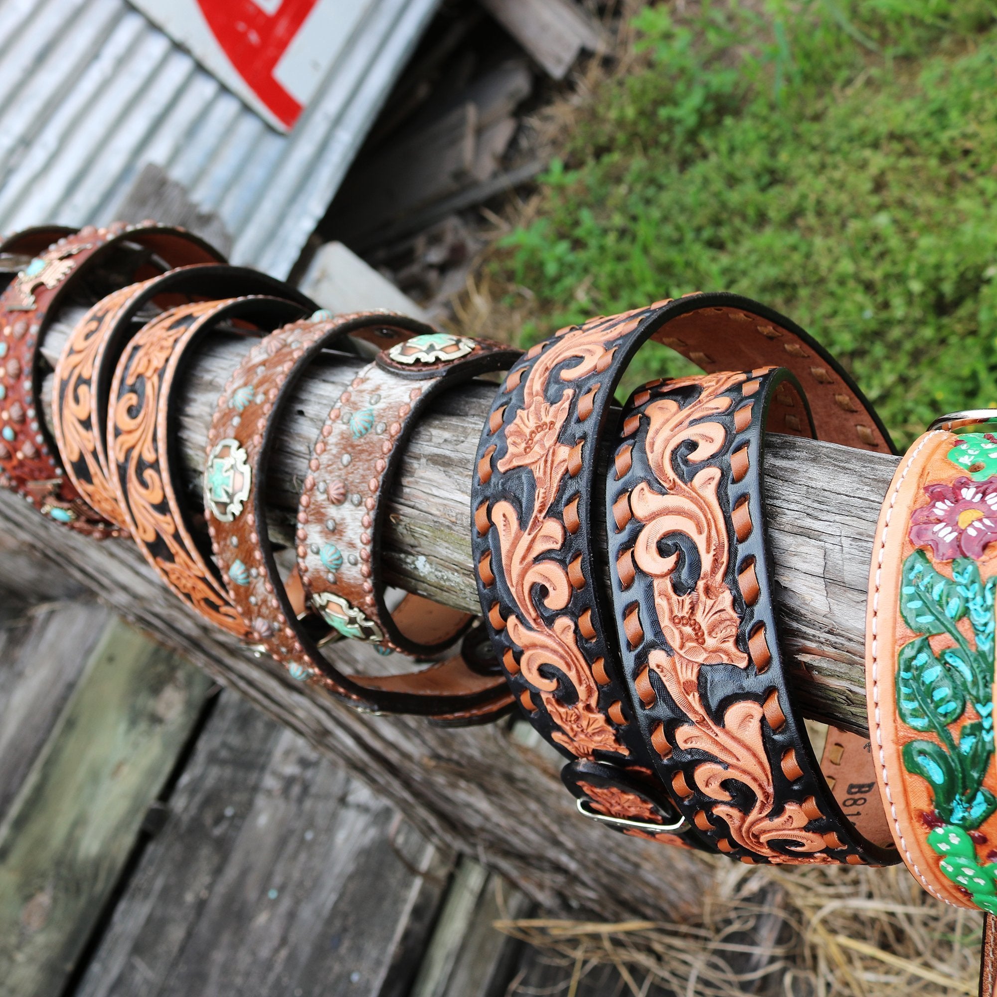 B816 - Natural Floral Tooled Black Background Belt Belt