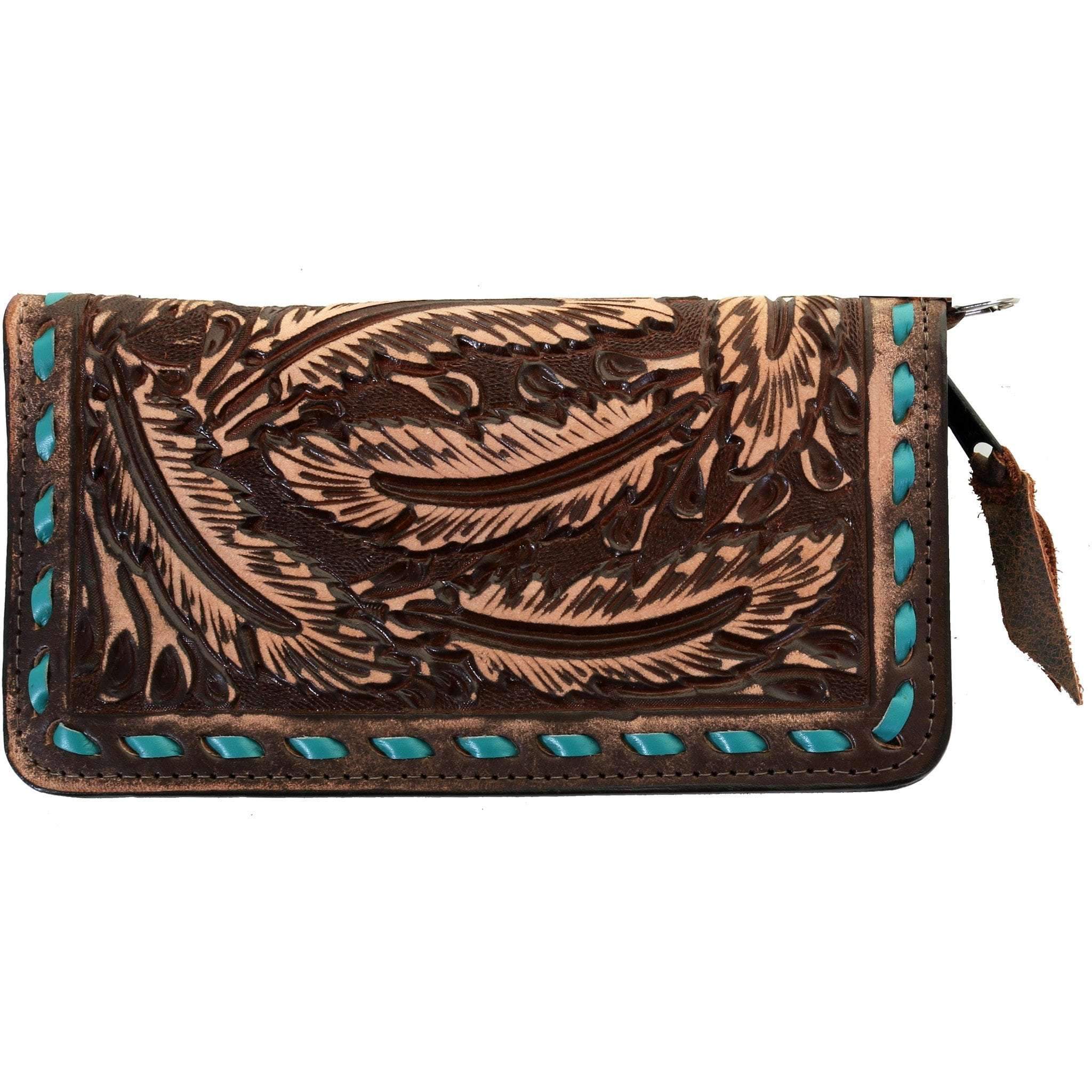 Lzw17 - Brown Vintage Feather Tooled Ladies Zipper Wallet Wallet