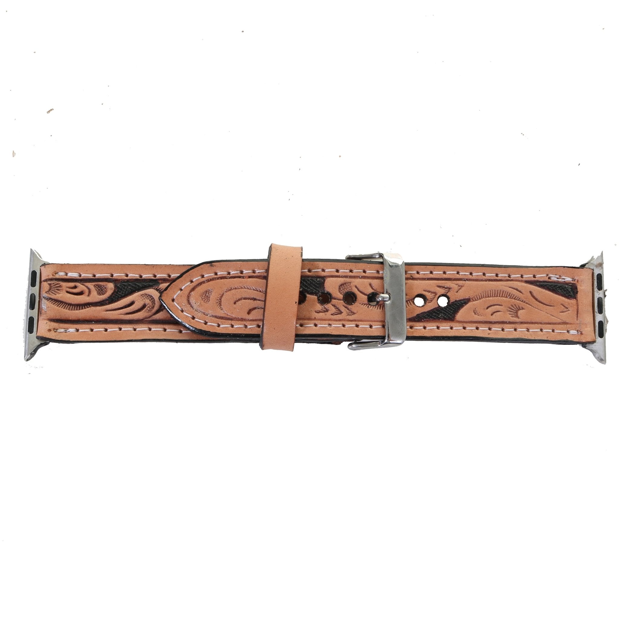 AWB05A - Floral Tooled Apple Watch Band with Black Background - Double J Saddlery