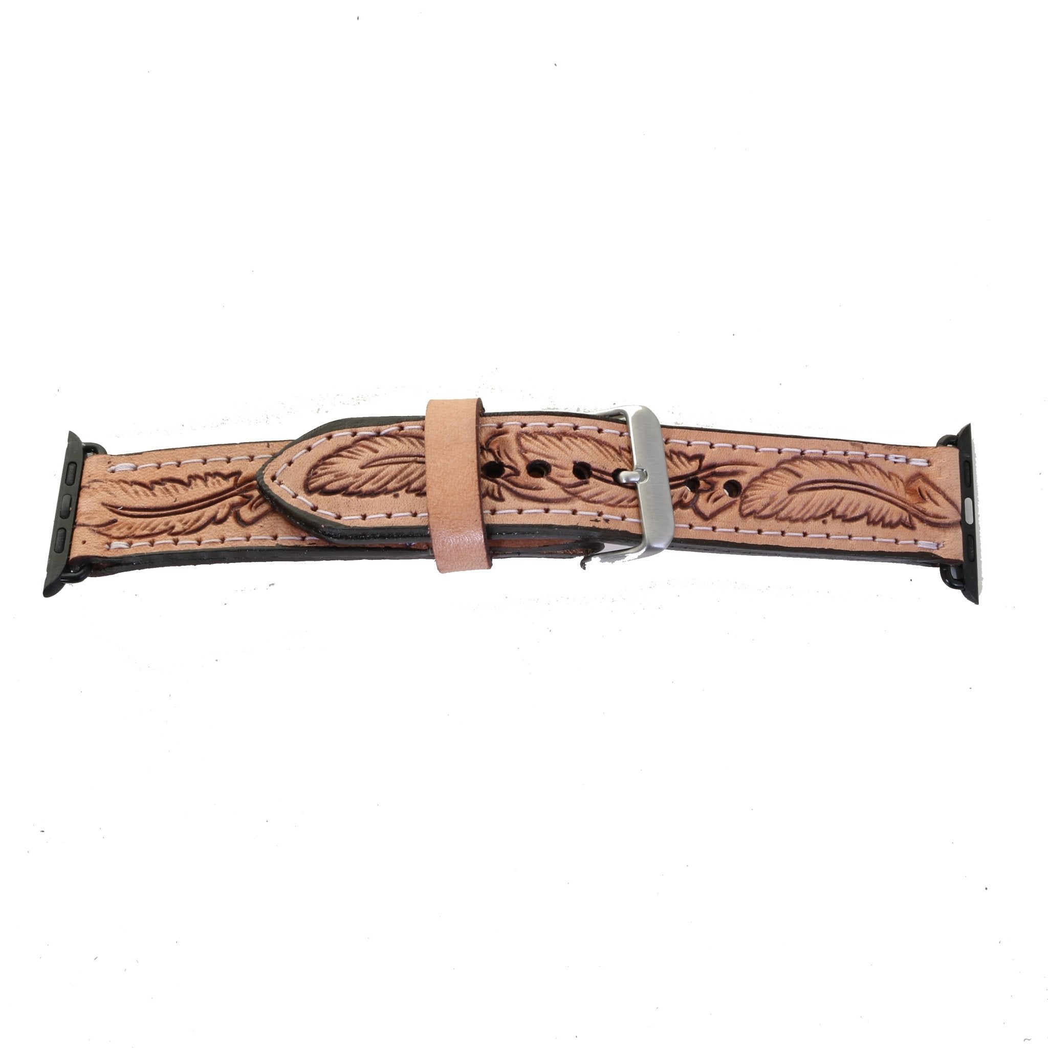 AWB17 - Natural Feather Tooled Apple Watch Band - Double J Saddlery