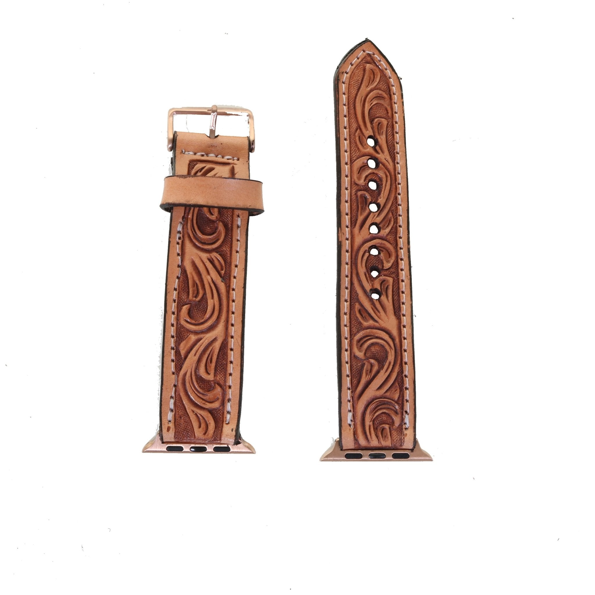 AWB19 - Natural Floral Tooled Apple Watch Band - Double J Saddlery