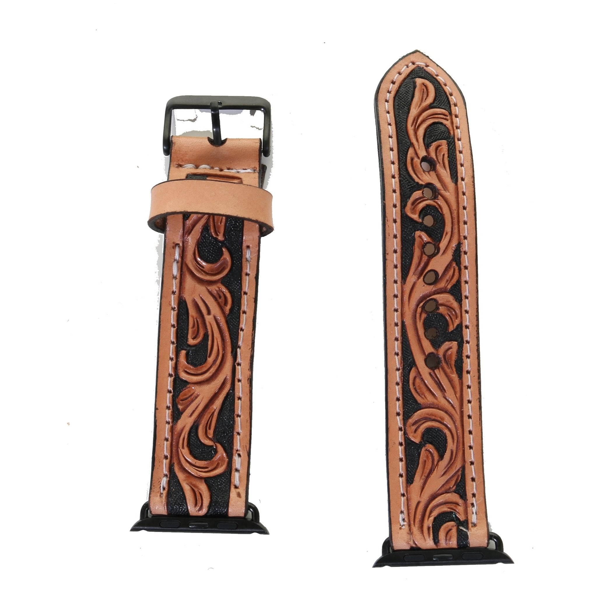 AWB19B - Natural Floral Tooled Black Background Apple Watch Band - Double J Saddlery