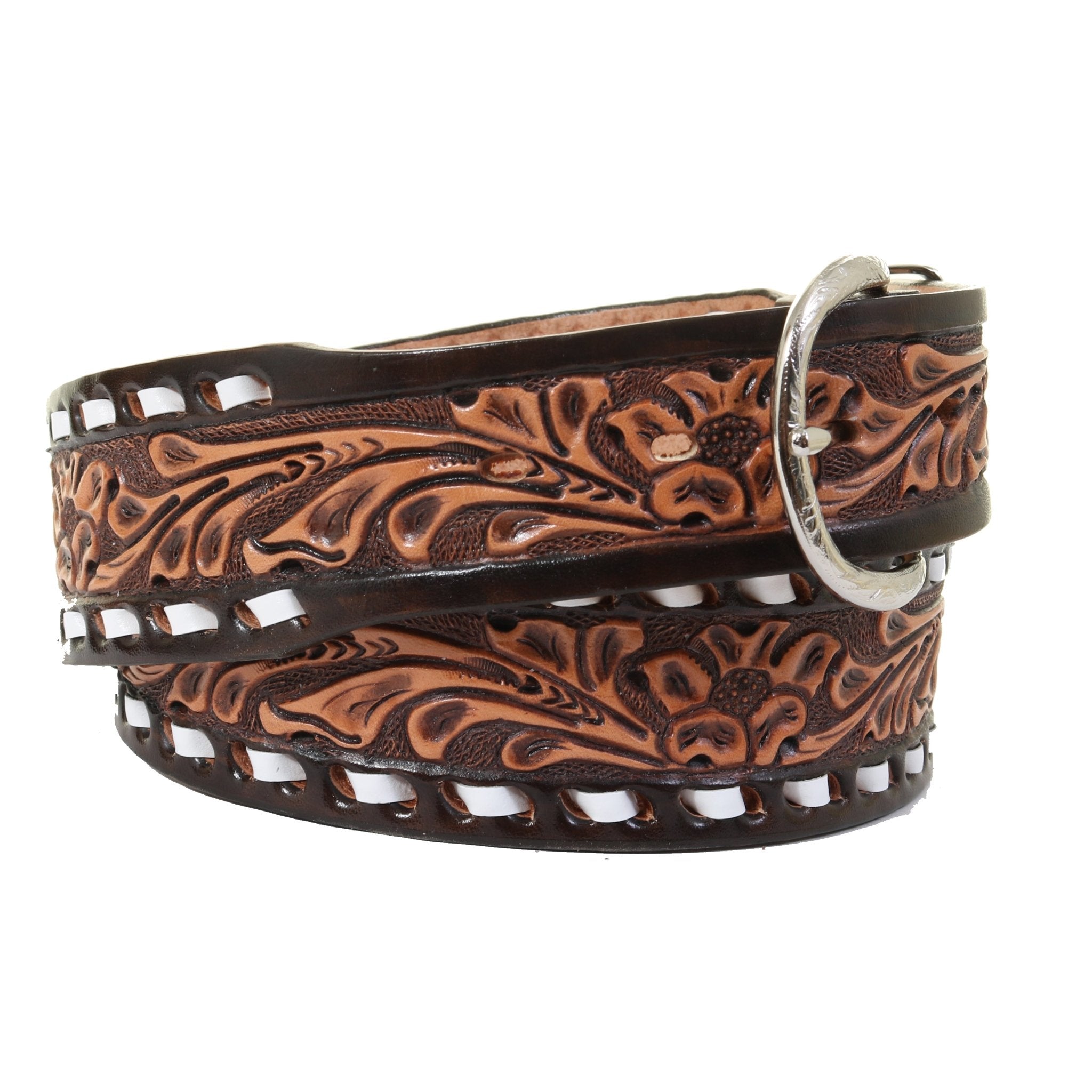 B063C - Floral Tooled Buckstitch Belt - Double J Saddlery