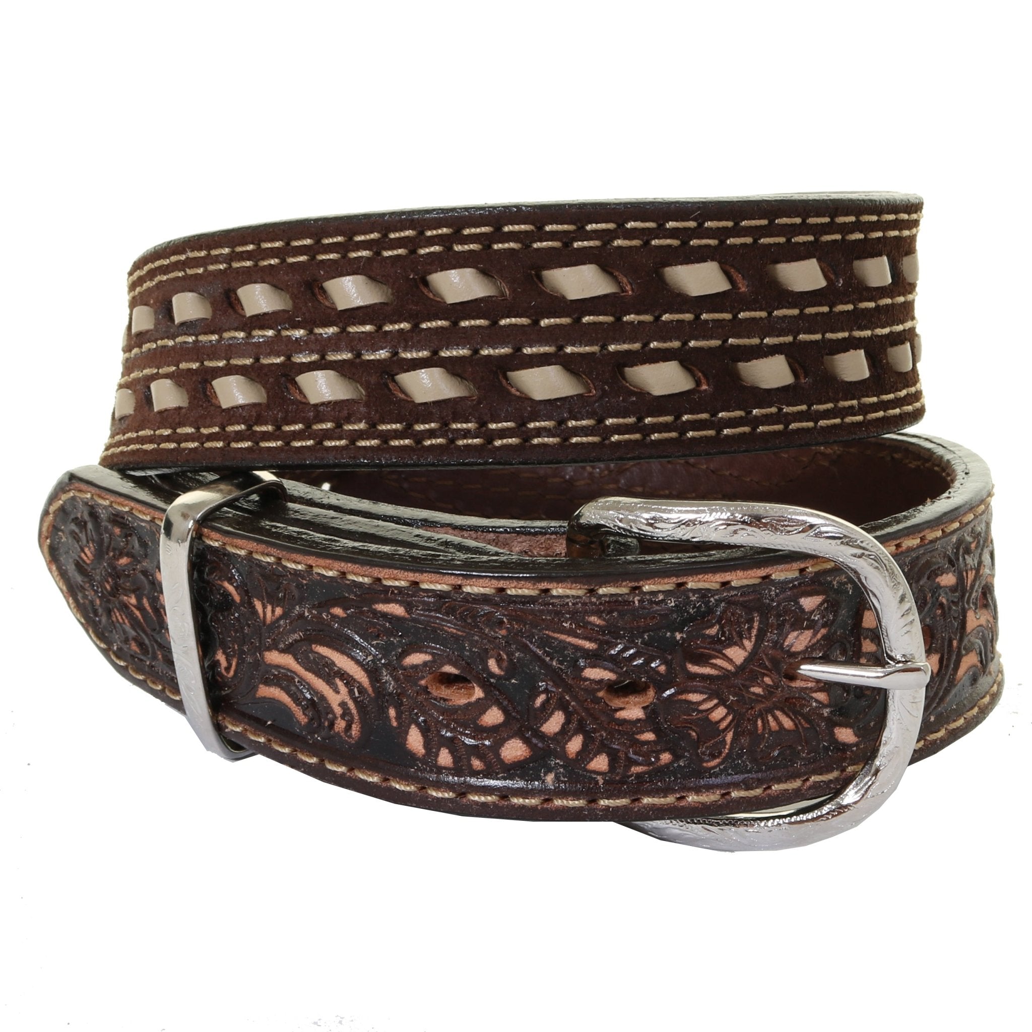 B1007A - Brown Rough Out Tooled Belt - Double J Saddlery
