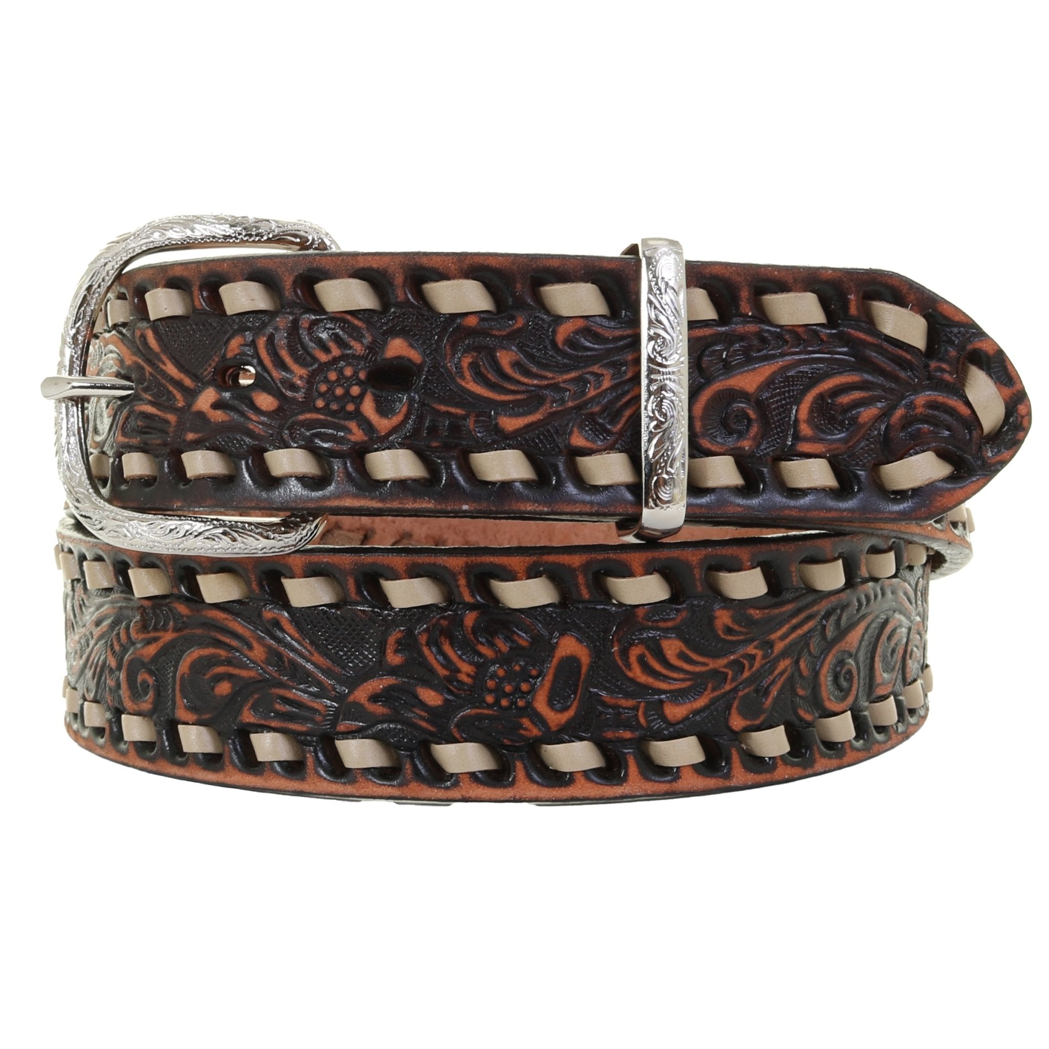 B1092B - FAST SHIP Brown Vintage Floral Tooled Belt - Double J Saddlery
