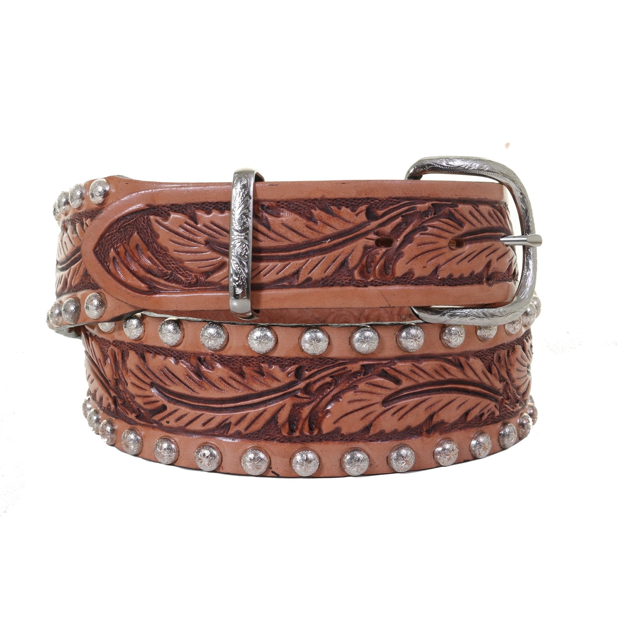 B112 - Natural Feather Tooled Belt - Double J Saddlery