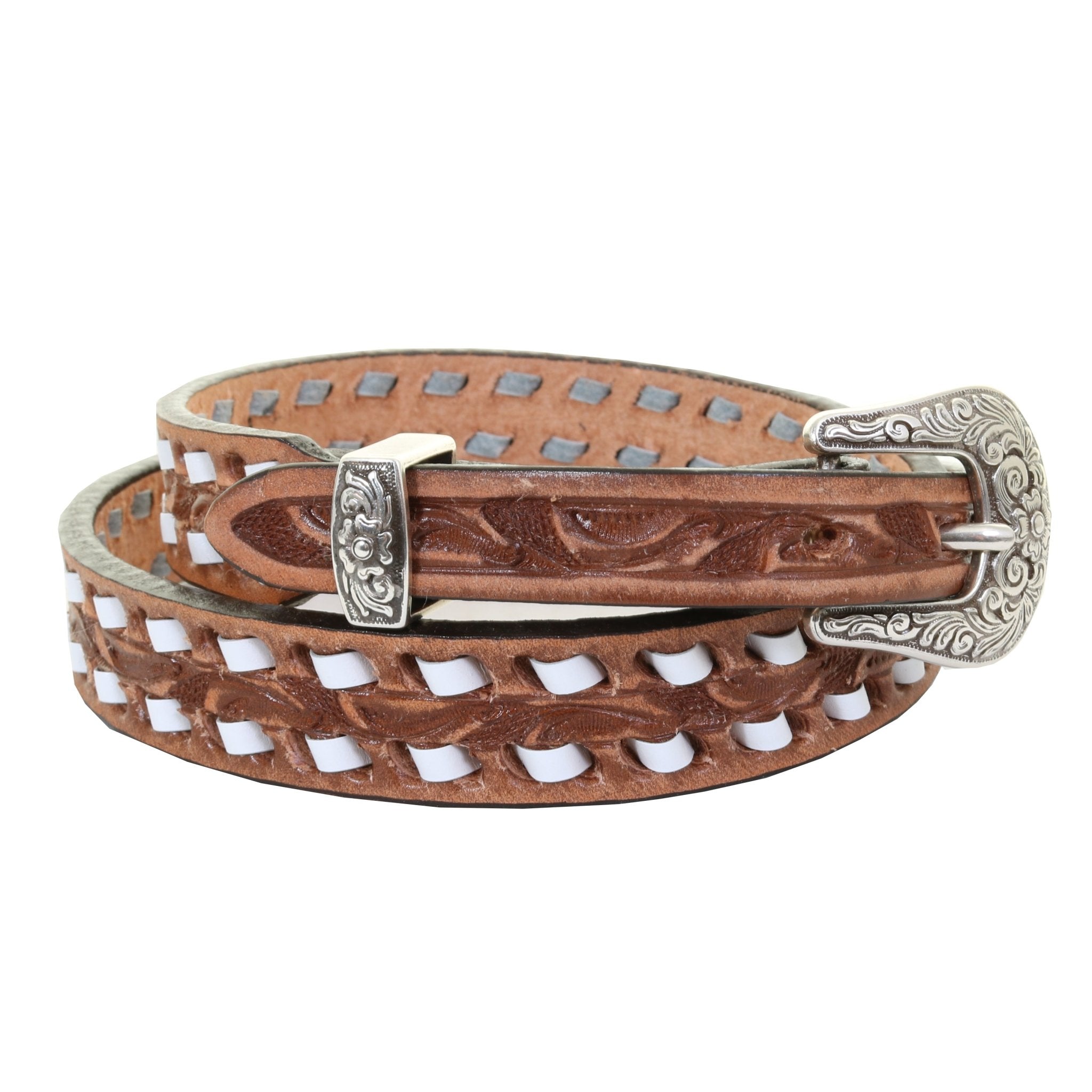 B1122A - Pecan Tooled Narrow Belt - Double J Saddlery