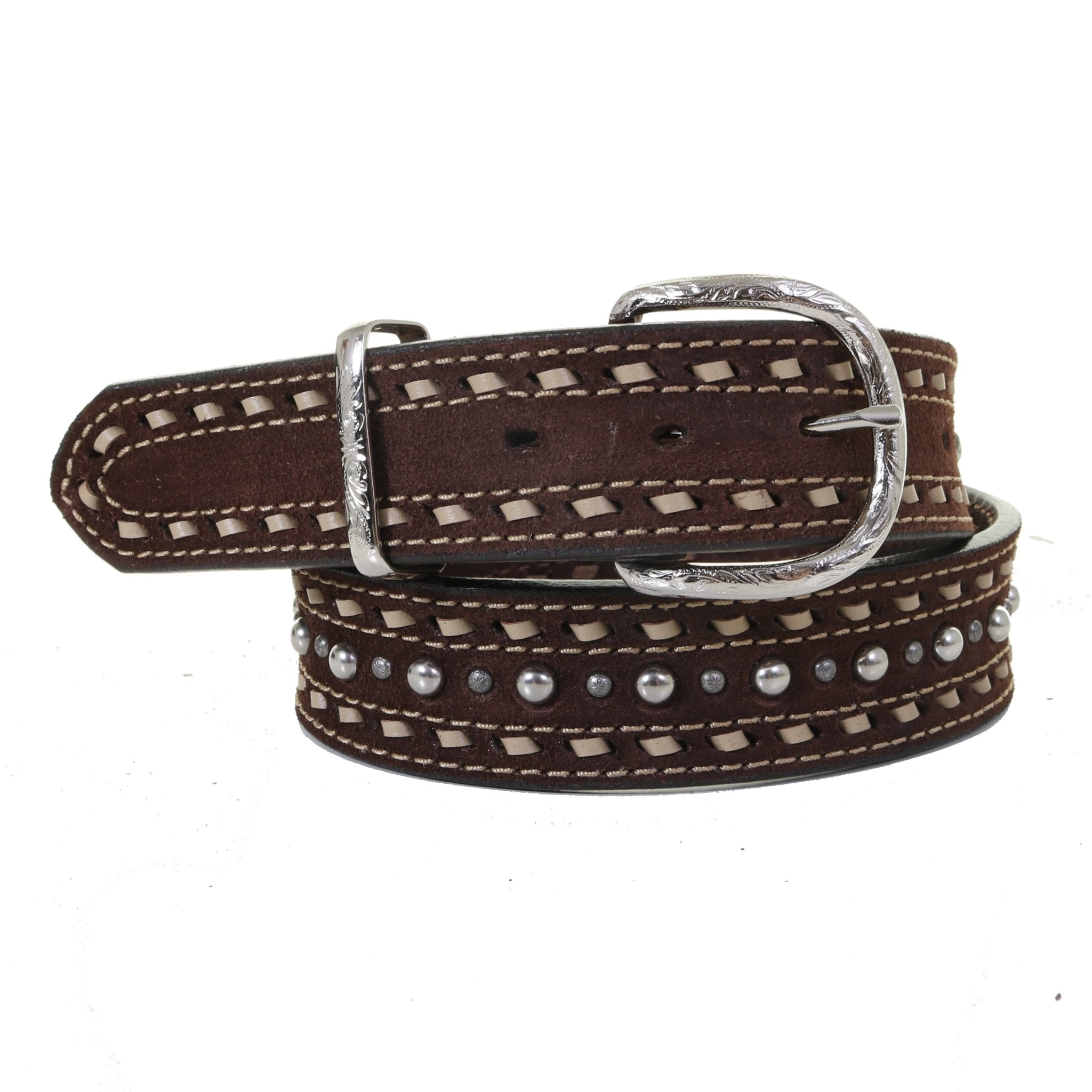 B1157 - Brown Rough Out Buckstitched & Dotted Belt - Double J Saddlery