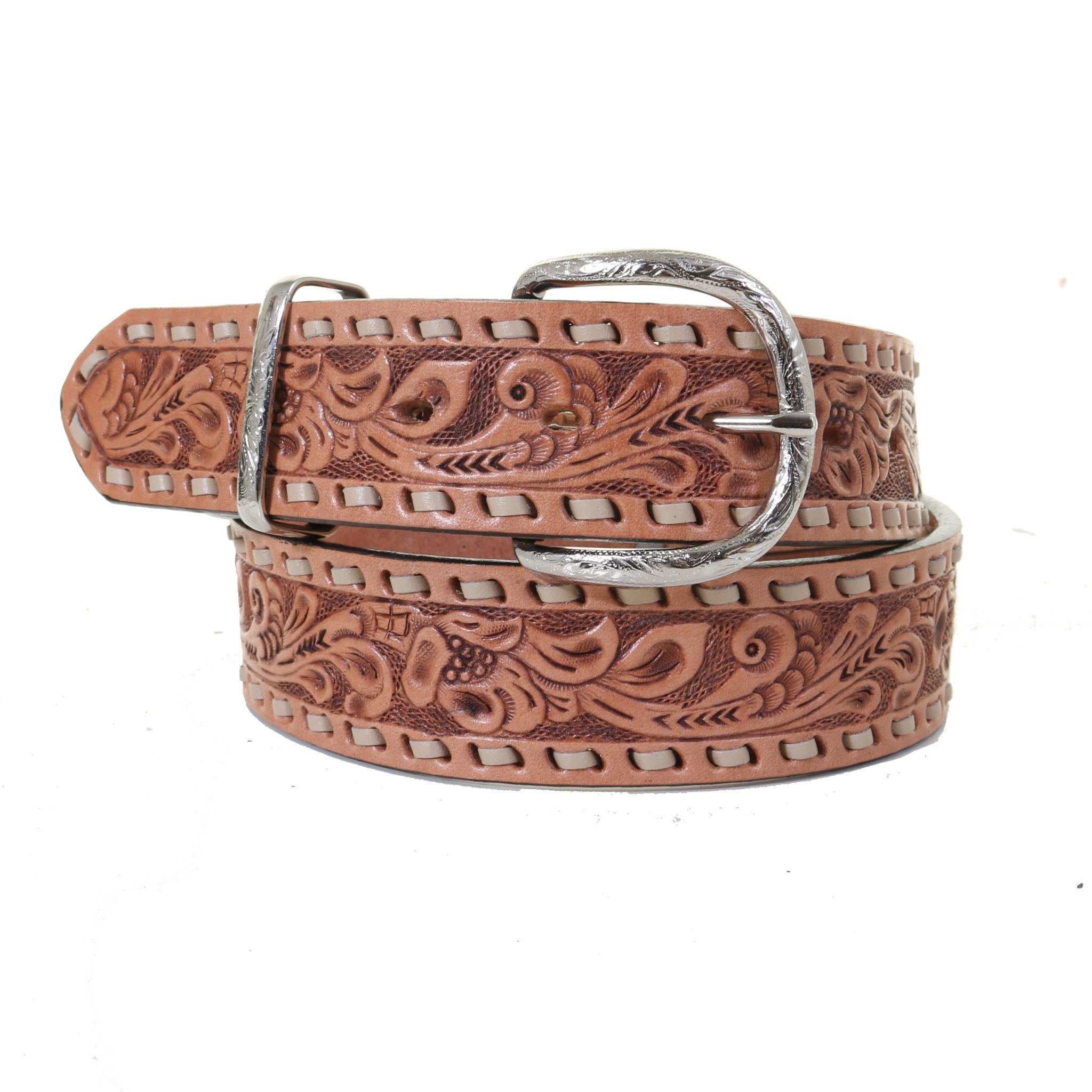 B1158 - Natural Tooled Buckstitched Belt - Double J Saddlery